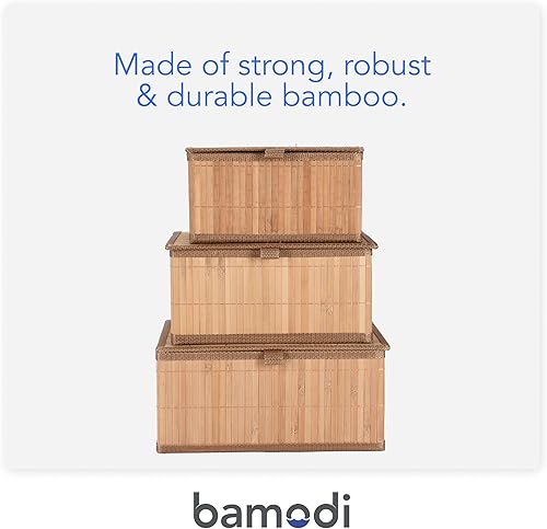 Miniatura 5 de Cajas de Almacenamiento Decorativas de Bambú con Tapas - Caja Rectangular Anidable con Tapa para Organización - Cesta Apilable con Forro de Tela -
