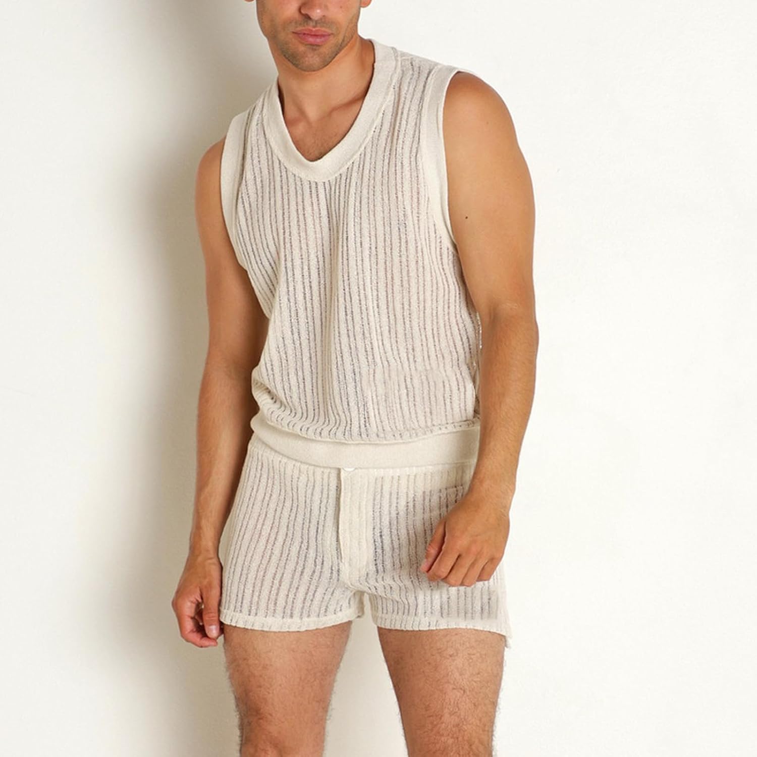 Men's 2 Pieces Outfits Summer Beach Tracksuit Mesh See Through Sheer Sleeveless Tank Top and Shorts Sets