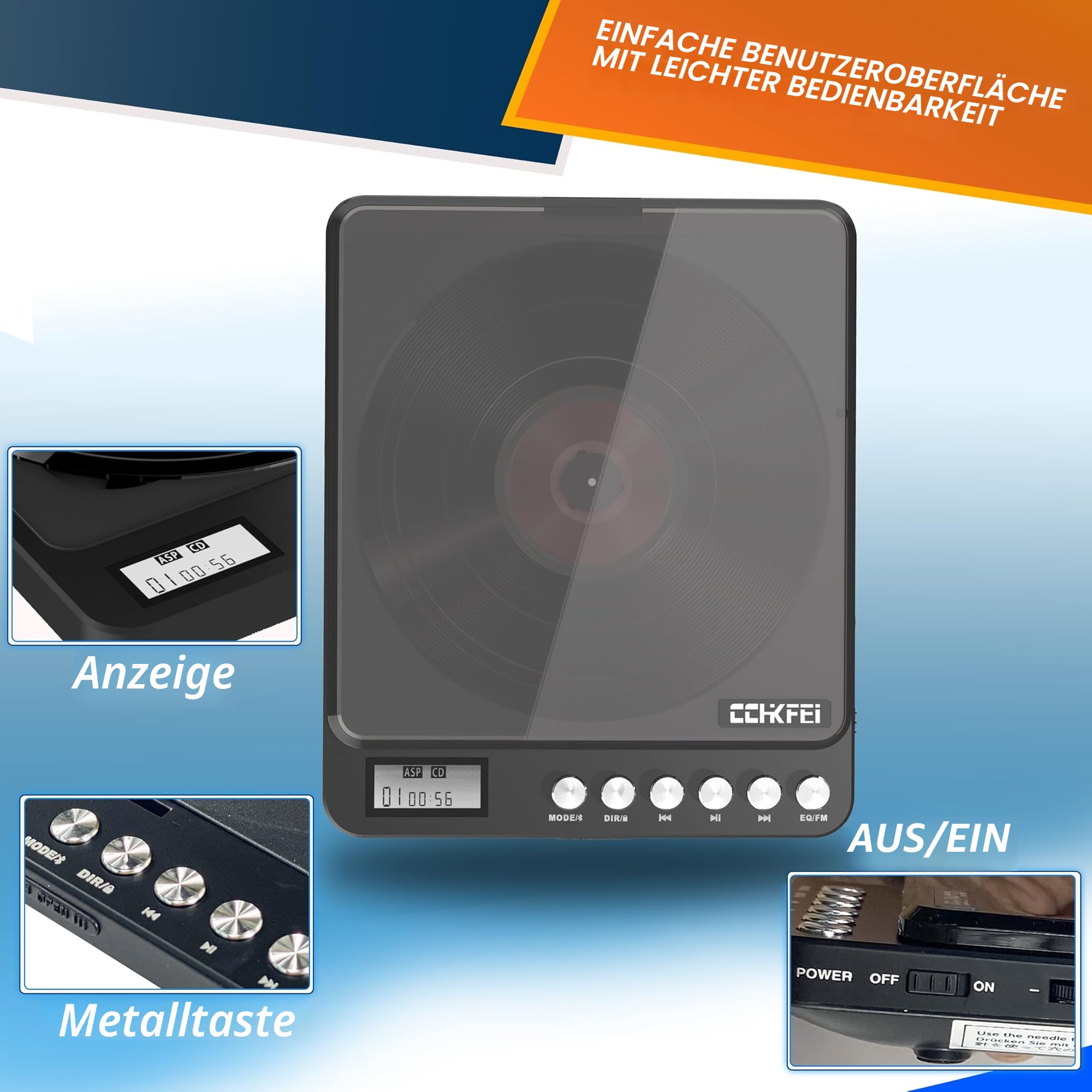 Tragbarer CD-Player Bluetooth mit Kopfhörern, Wiederaufladbarer CD Player Tragbar mit Lautsprecher und FM Transmitter 2000mAh Lithium-Akku Discman CD Players Tragbar für Erwachsene Studenten Kinder