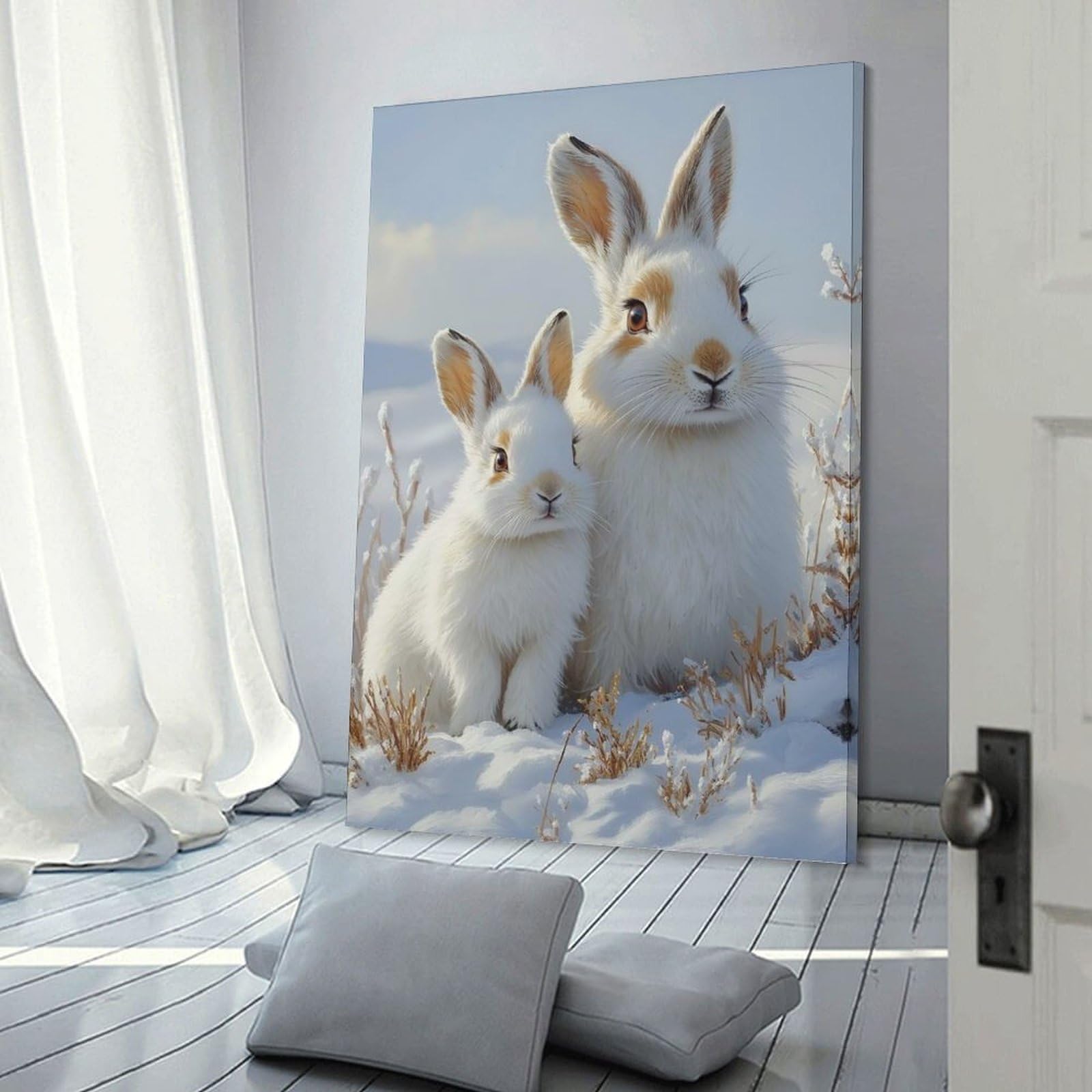 Junmoney Frame-Style-20-1 Hanging Wall Art Two White Rabbits In Snowy Field, 16X24inch(40X60cm), For Wall Displays, Bedrooms Or Room Updates, Wall Decor Suited To Curated Displays