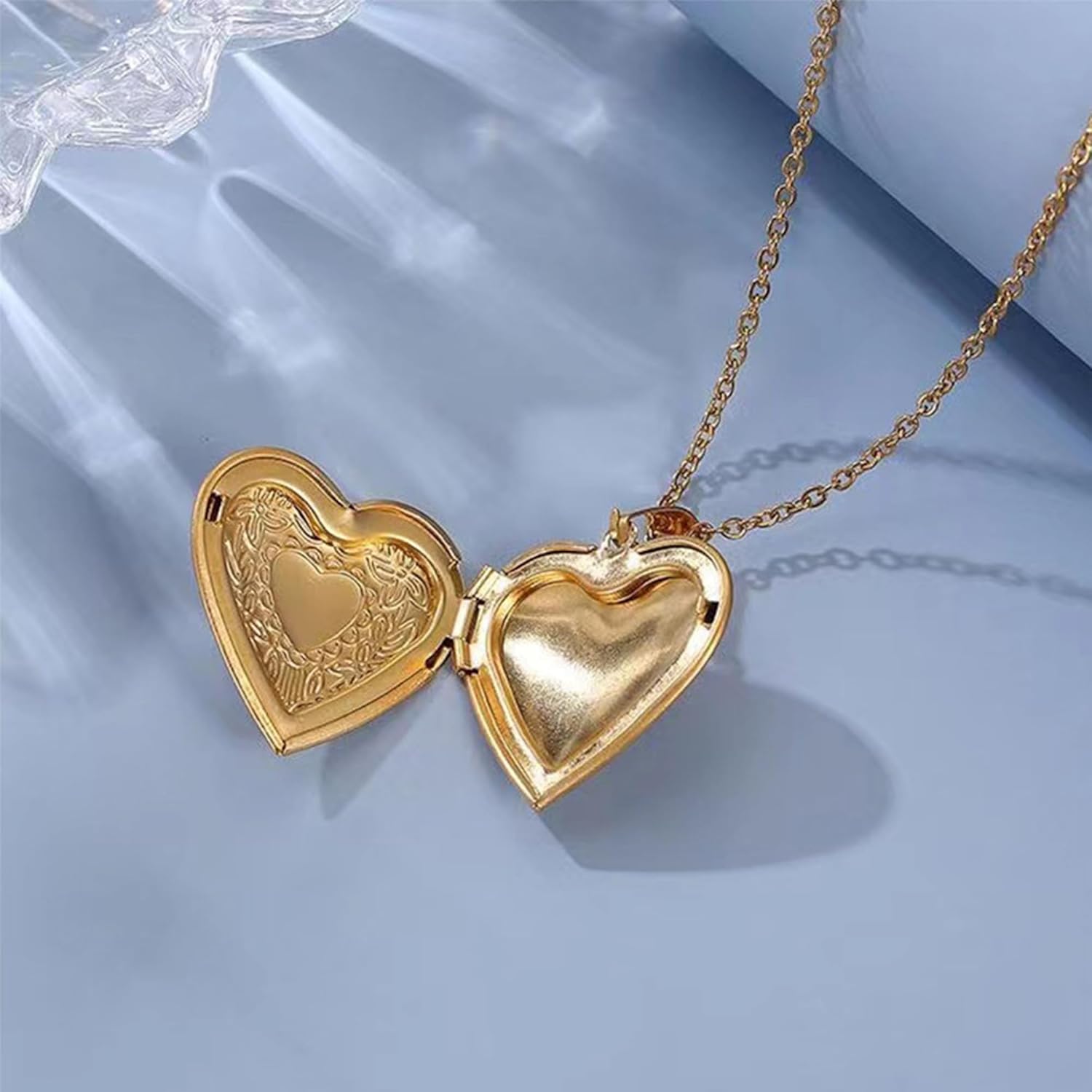 Gold Locket Necklace for Women, Vinatge Heart Oval Butterfly Angel Engraved Pendant that Holds Picture Photo Locket Memorial Necklace Personalized Jewelry Birthday Gifts - Image 5