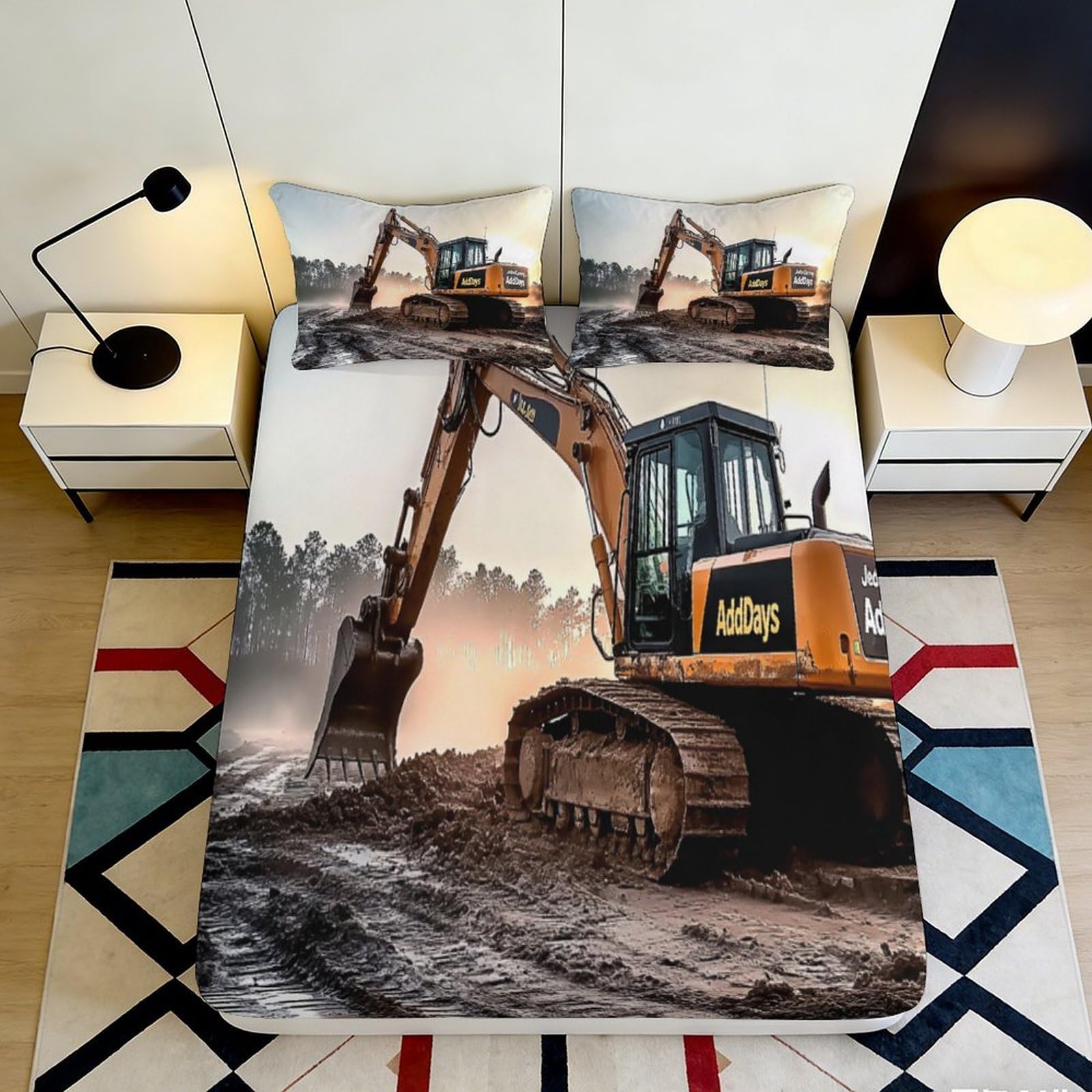 3D Printed Excavator Construction Fitted Sheet Microfiber Soft Breathable Sunrise Machinery Bed Cover for Bedroom Dorm Room Mattress Protection 90x200x25cm