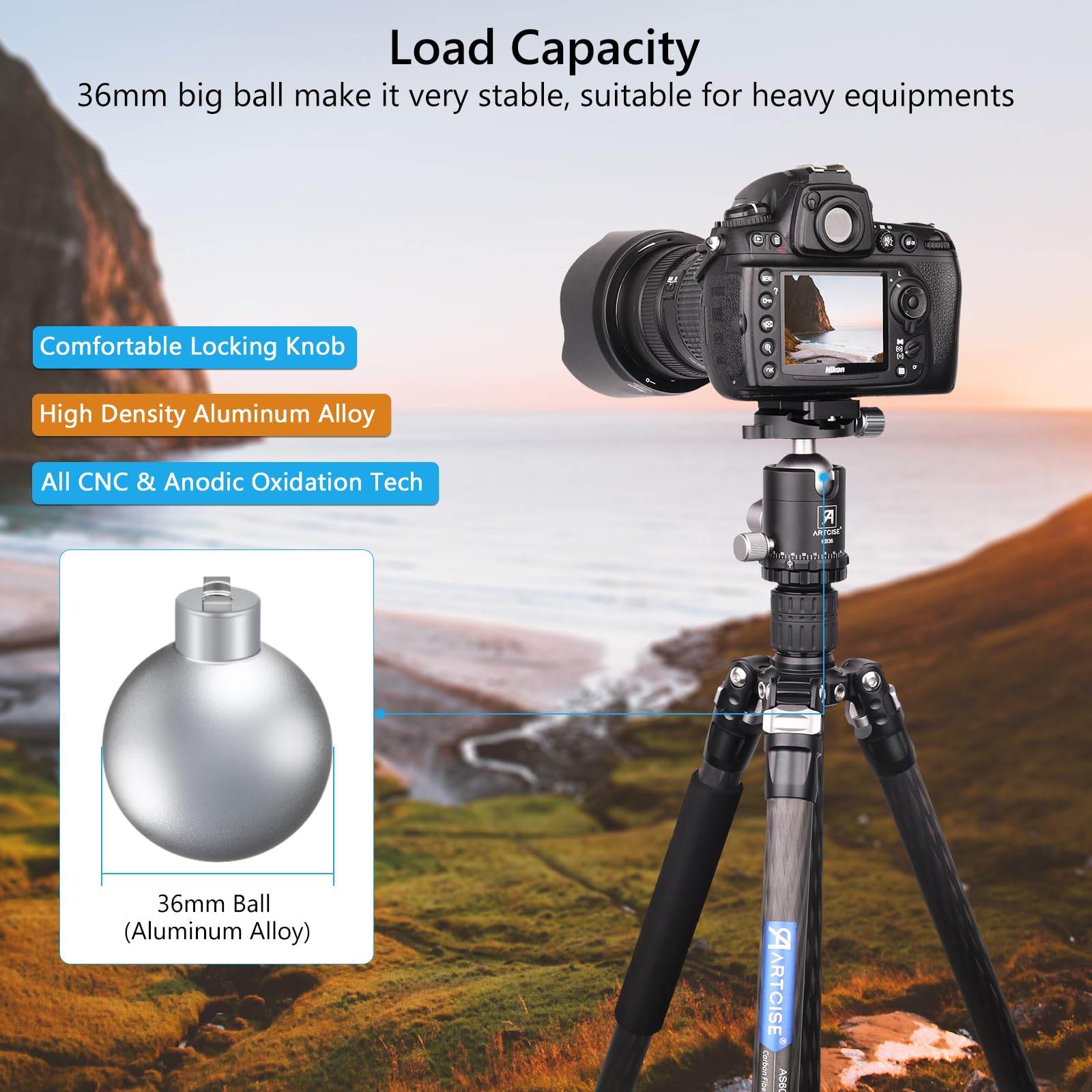 Cabezal De Bola Para Cámara ARTCISE KB36 – 36 Mm – Metal – Carga 15 Kg – 2 Placas Arca – Trípode Panorámico