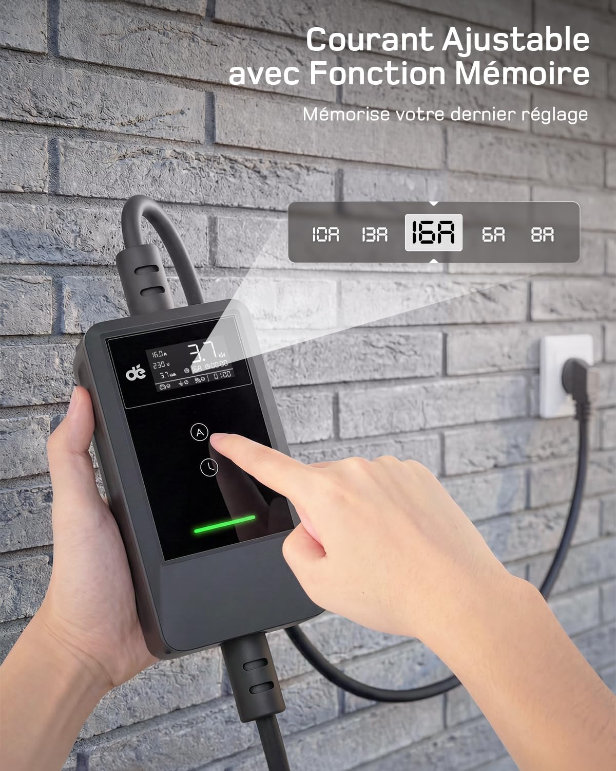 dé Chargeur Voiture Electrique APP 3,7kW [7m, 6/8/10/13/16A] Cable Recharge Voiture Electrique Type 2 avec Support Mural, Numérique LCD, Compatible avec E-208, Model Y, E-Tech, 500e et Autres EV/PHEV