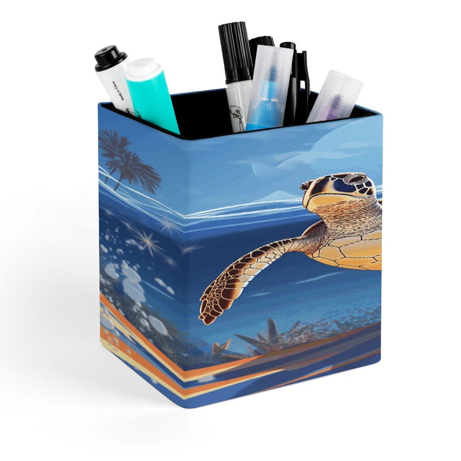 FekiLoot Ocean Turtle on The Beach Pen Holder Personalized Desktop Pencil Holders Case Office Accessories Container Box for Square Pen Cup Desktop Organizer Makeup Brush Holder Caddy Storage