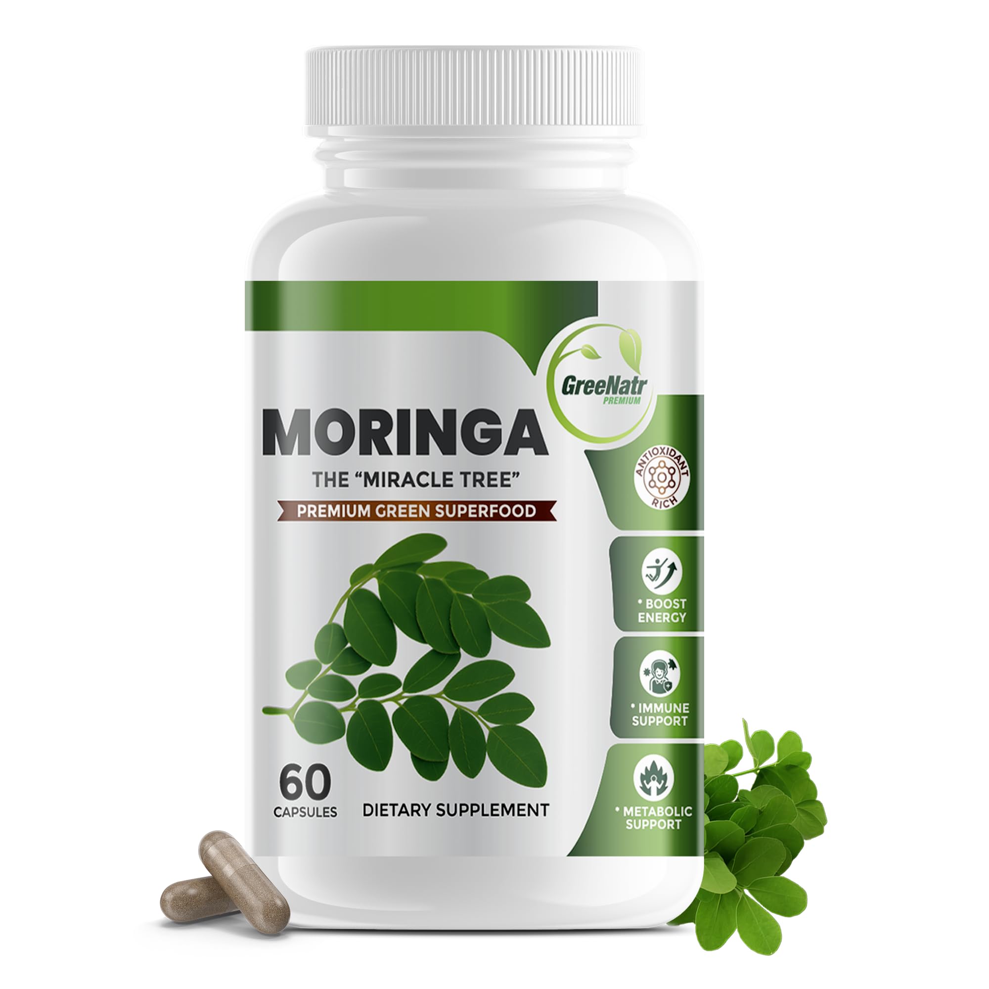 Pure Moringa Oleifera Green Superfood Capsules with Vitamin C, Omega 3 & Amino Acids - Boosts Energy, Mood, Memory, Immune Support - Made from Organic Moringa, Non-GMO - 60 Capsules (1 Bottle)