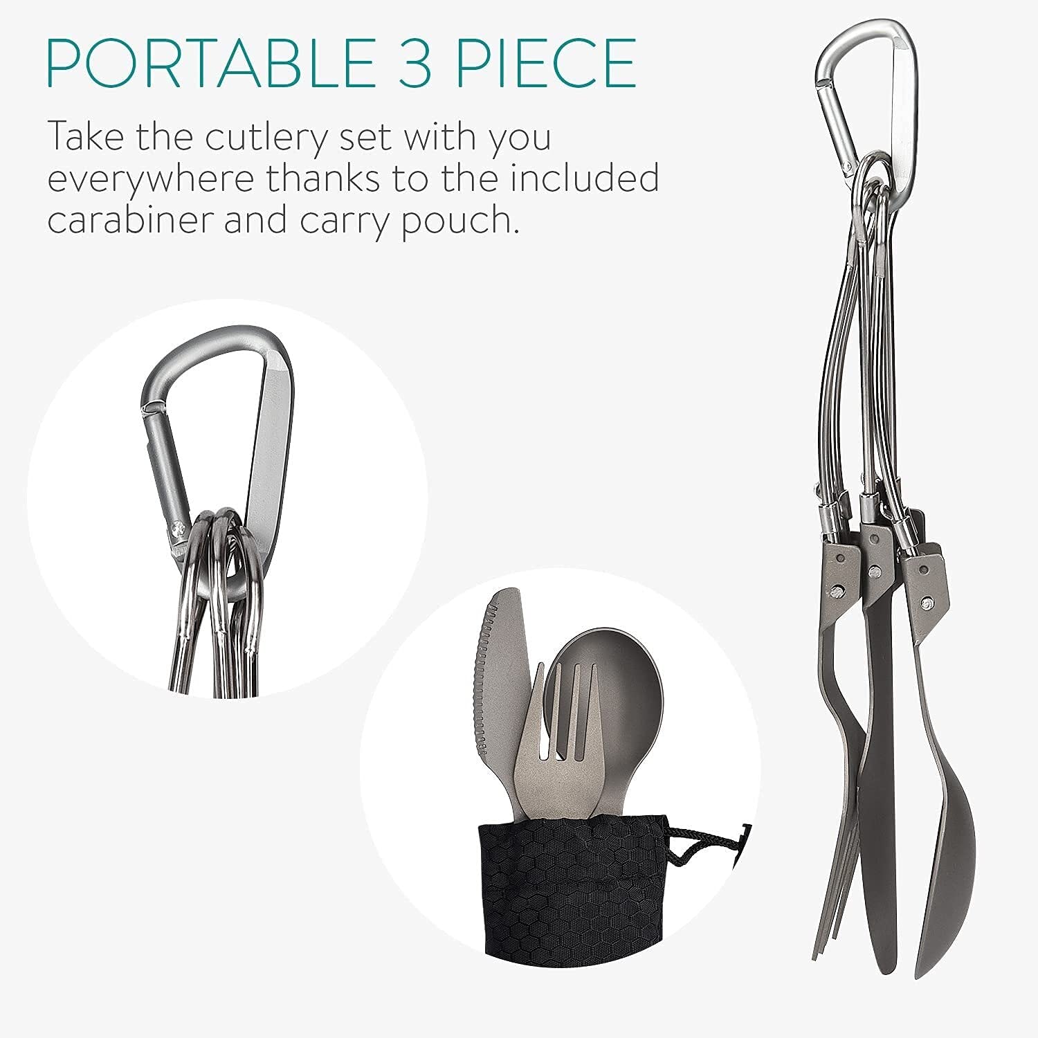 Set di Posate da Campeggio - Pieghevole Leggero Pieghevole Argenteria for Zaino in Spalla, Escursionismo - Coltello, forchetta e Cucchiaio con moschettone e Borsa
