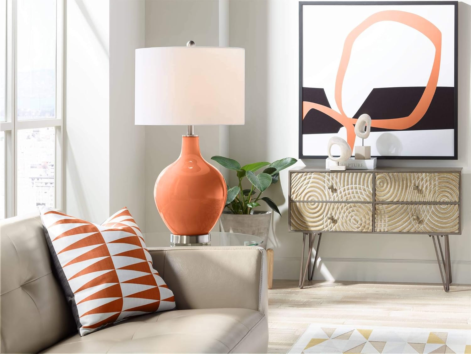 Color + Plus OVO 28 1/2" Tall Modern End Table Lamp Robust Orange Brushed Nickel Finish Glass Single Linen White Shade Living Room Bedroom Bedside Nightstand House Office Home Reading Kitchen