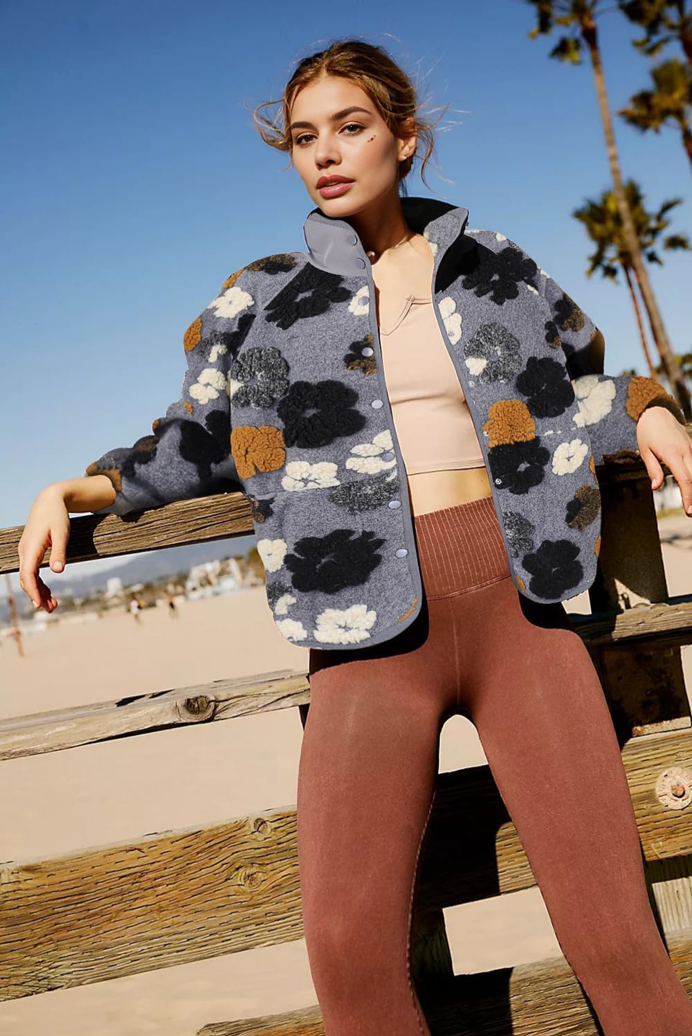 Aoang Floral Fleece Jacket Button Down Shacket Casual Sherpa Coats Warm Outwear - Image 2