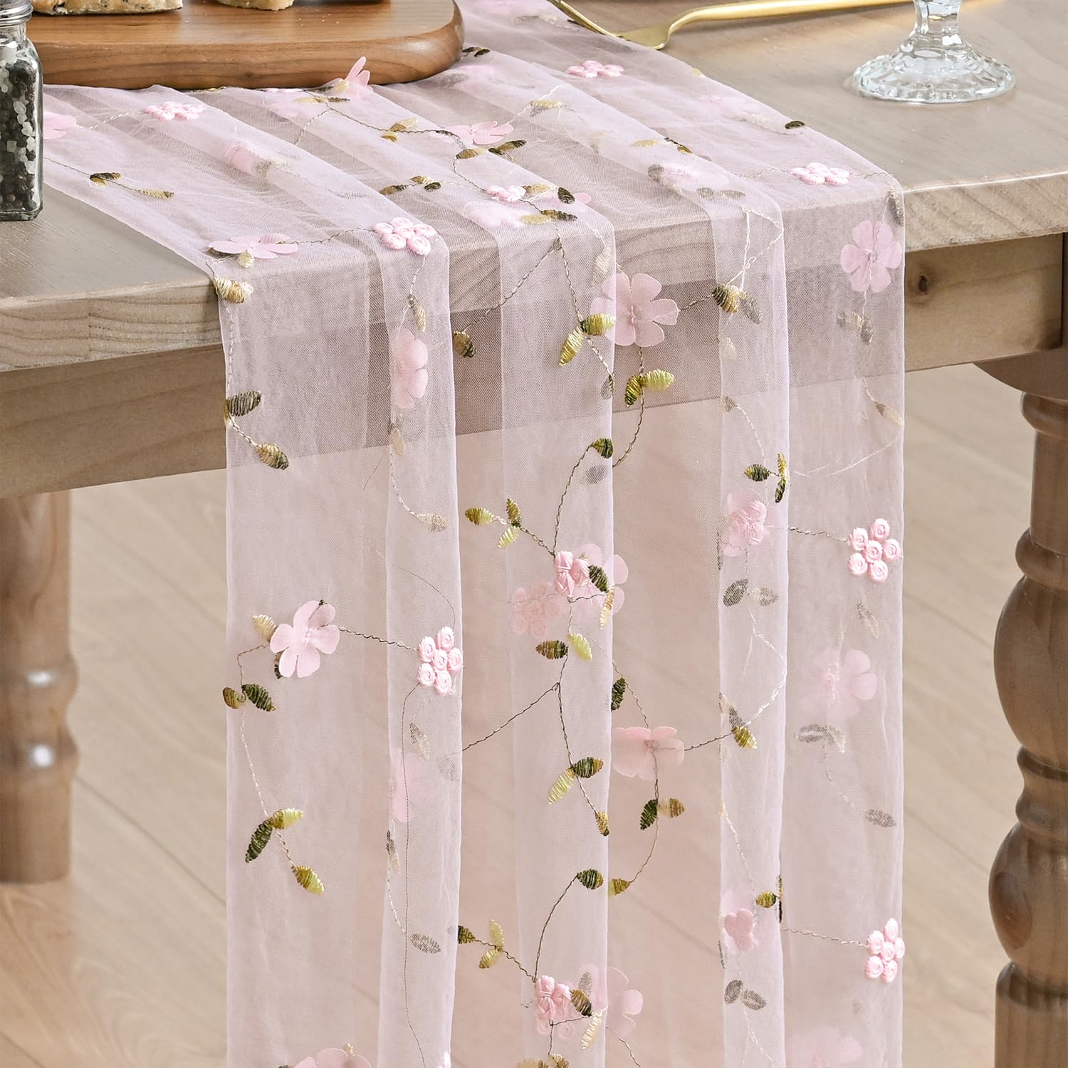 Artoid Mode 3D Flower Embroidery Pink Spring Gauze Table Runner 70x300 cm