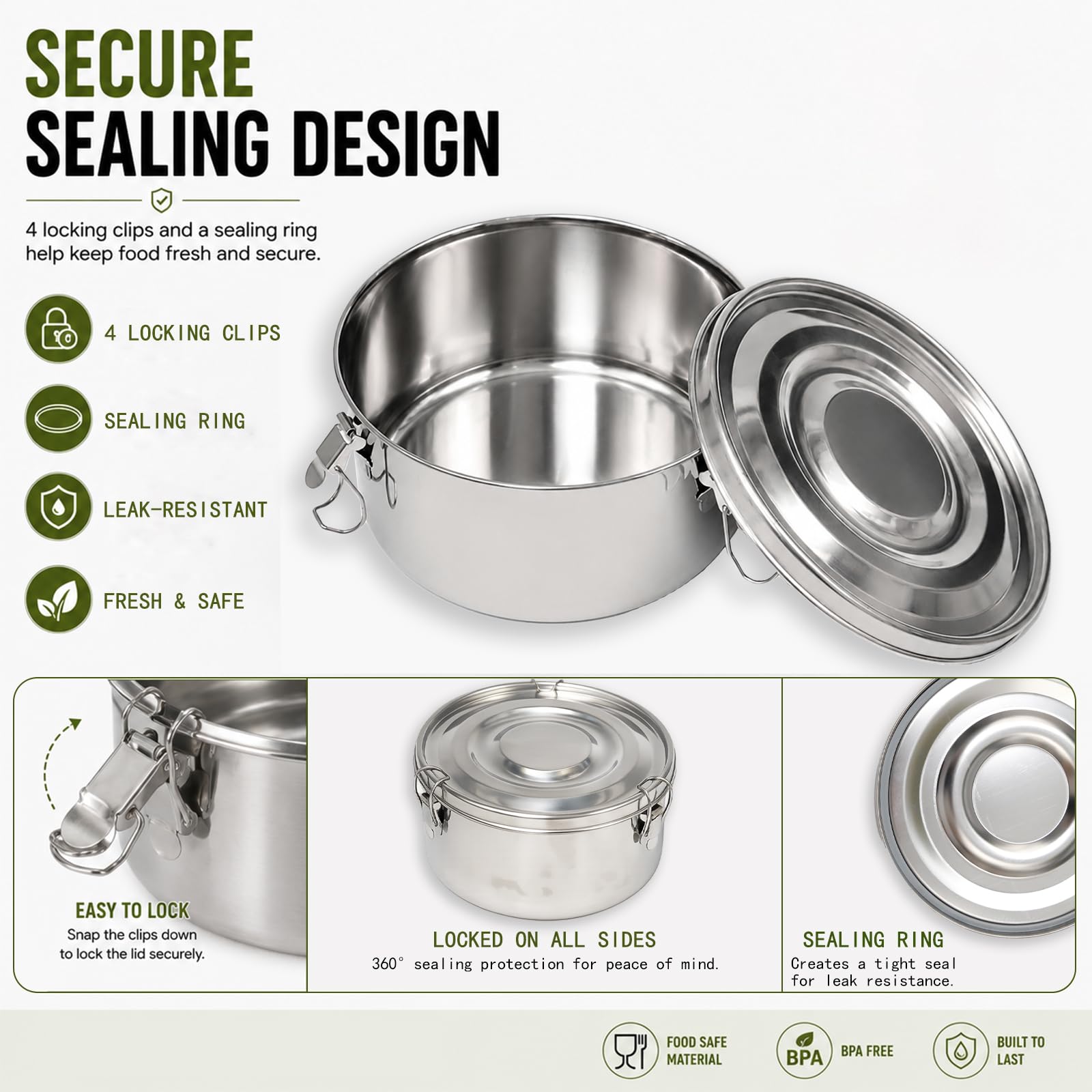 4 Piezas Ronda Fiambrera de Acero Inoxidable con Tapa Bento Box | para Comida Trabajo Escuela Picnic,660ml+1040ml+1590ml+2200ml,Lunch Box Stainless Steel,Lonchera Metalica Sellada Hermetica