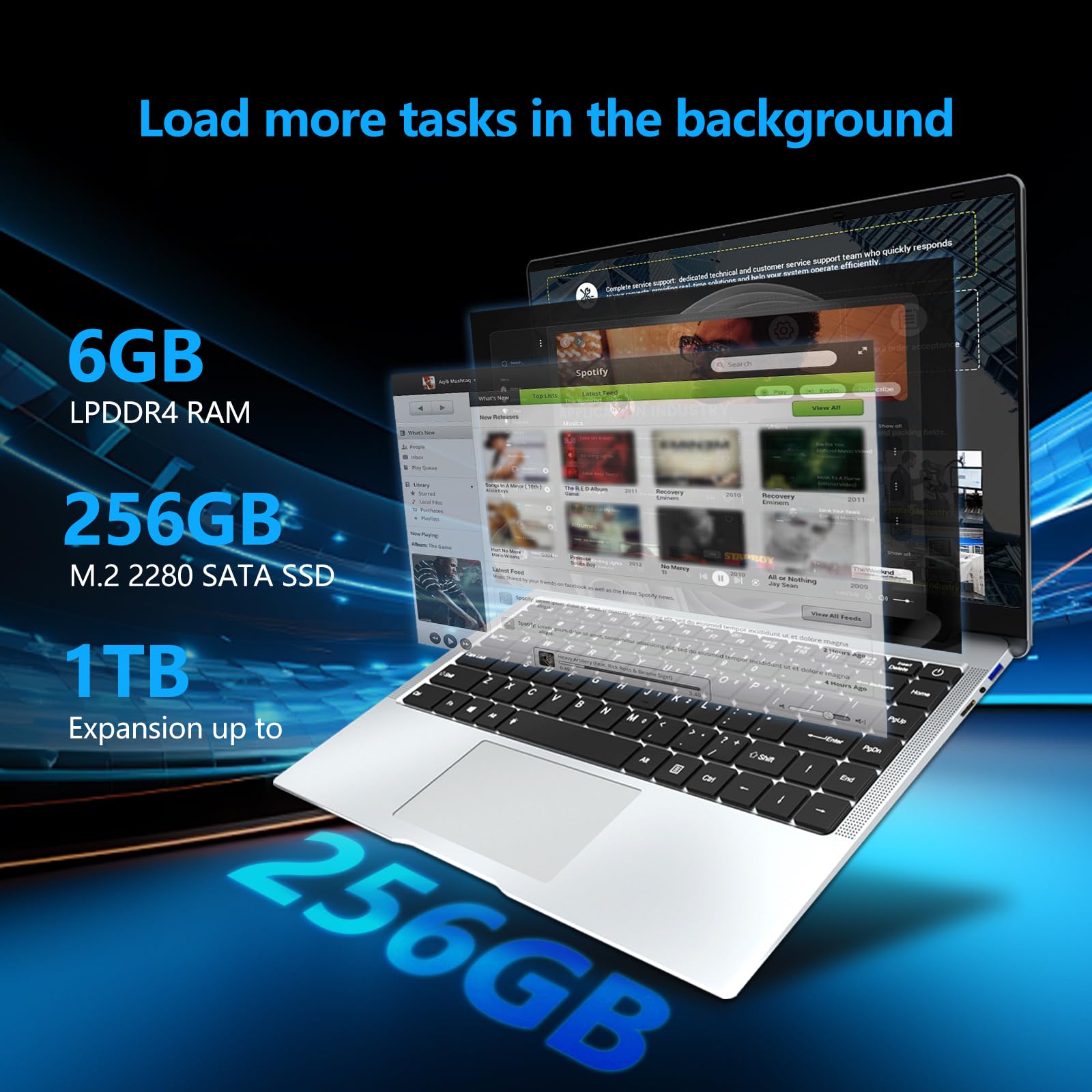 Ekonavi PC Portatile da 14,1 pollici, Notebook Celeron N4000 SSD da 256 GB RAM LPDDR4 da 6 GB, schermo FHD 180°, Laptop con mini-HDMI, 2*USB3.0 Computer PC sottile e leggero color argento