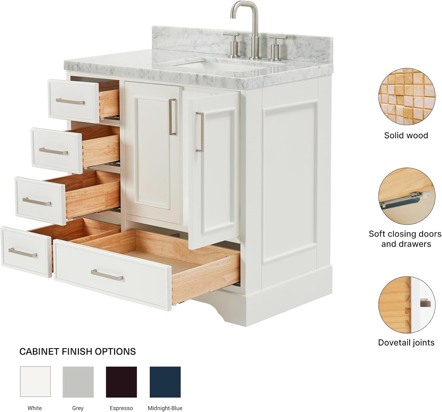 ARIEL Stafford 36-inch Bathroom Vanity with Sink,Solid Wood, 1.5-inch Italian Carrara Marble Countertop, Single Rectangular Porcelain Sink, 2 Soft Closing Doors, 5 Dovetail Drawers, White