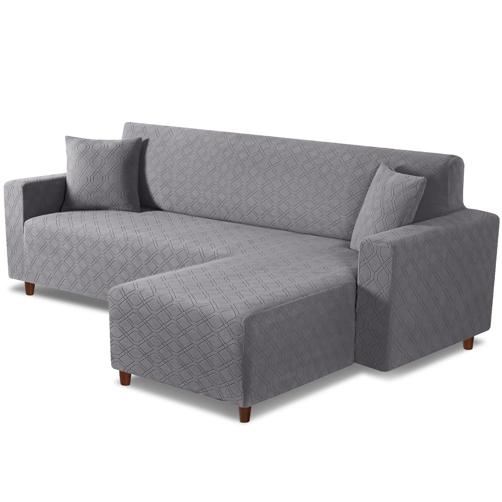 Couch Cover L Shape Washable Sofa Cover 1-Piece L Shape Sofa Slipcover Furniture Protector Stretch Couch Slipcover with 2Pcs Pillowcases(Right Facing L Shape Cover, Light Gray)