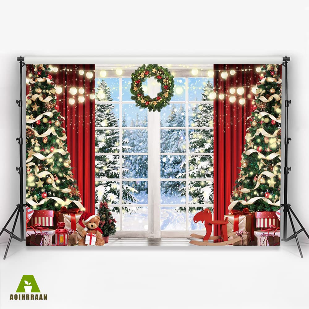 Aoihrraan 3x2,5m Noël Rebord De Fenêtre Photographie Toile De Fond Noël Arbre Couronne Rouge Rideau Cadeau Hiver Forêt Neige Vue Fond Nouveau Année Festival Famille Fête Portrait Photo Accessoires