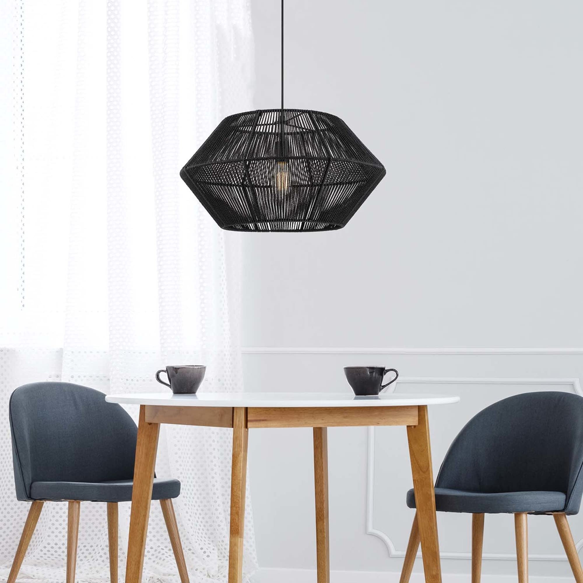Globe Electric 65470 Terra 1-Light Chandelier, Matte Black Natural Twine, Mate Black Canopy and Socket, Designer Black Cloth Hanging Cord