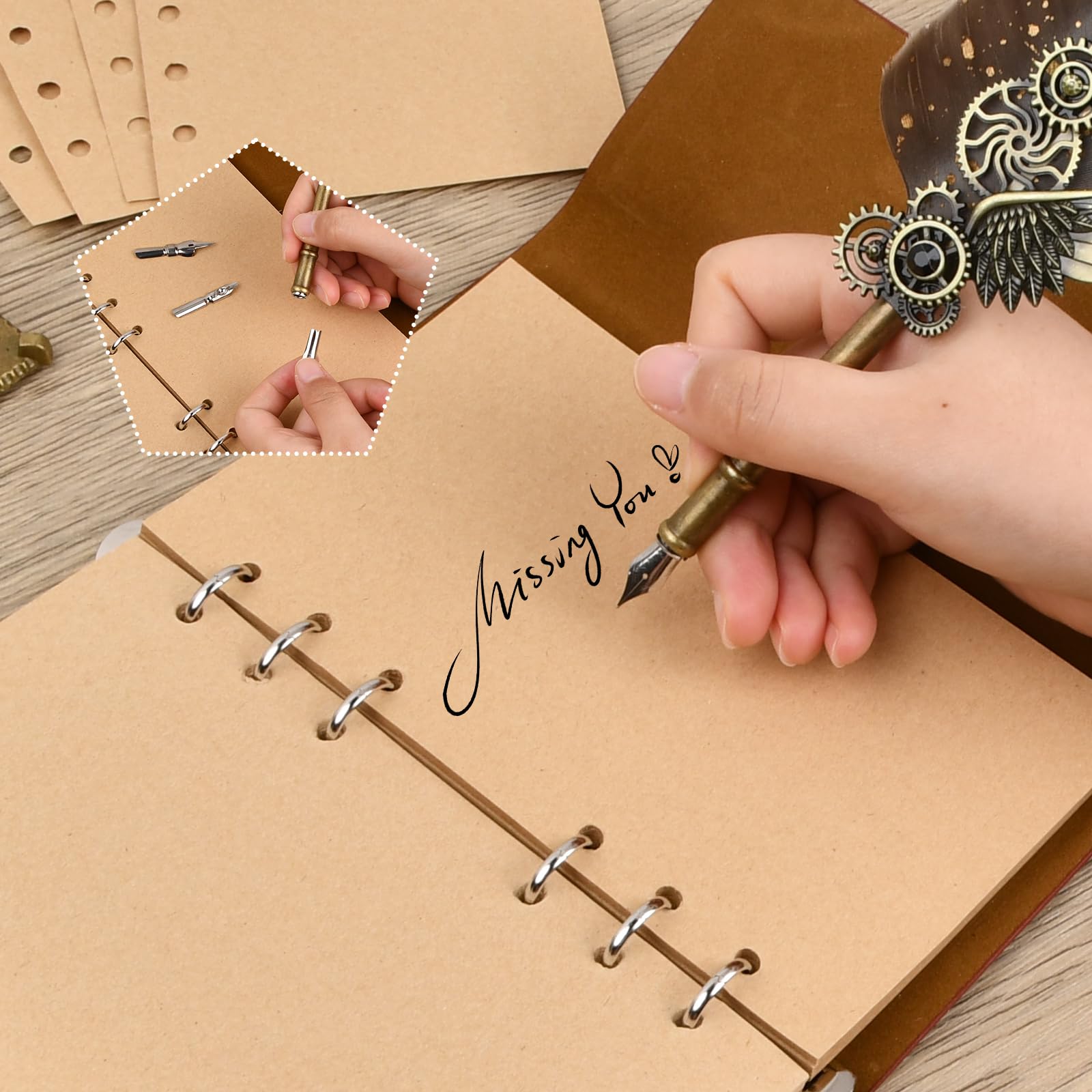 volumoon Stylo Dip à Plume Set, Stylo de Calligraphie Vintage, Ensemble de Plume d'Oie Calligraphie avec Dip Pen, 8 Pointes Rechange, Carnet, Porte-stylo et Encre Noire, pour Ecriture Dessin et Cadeau