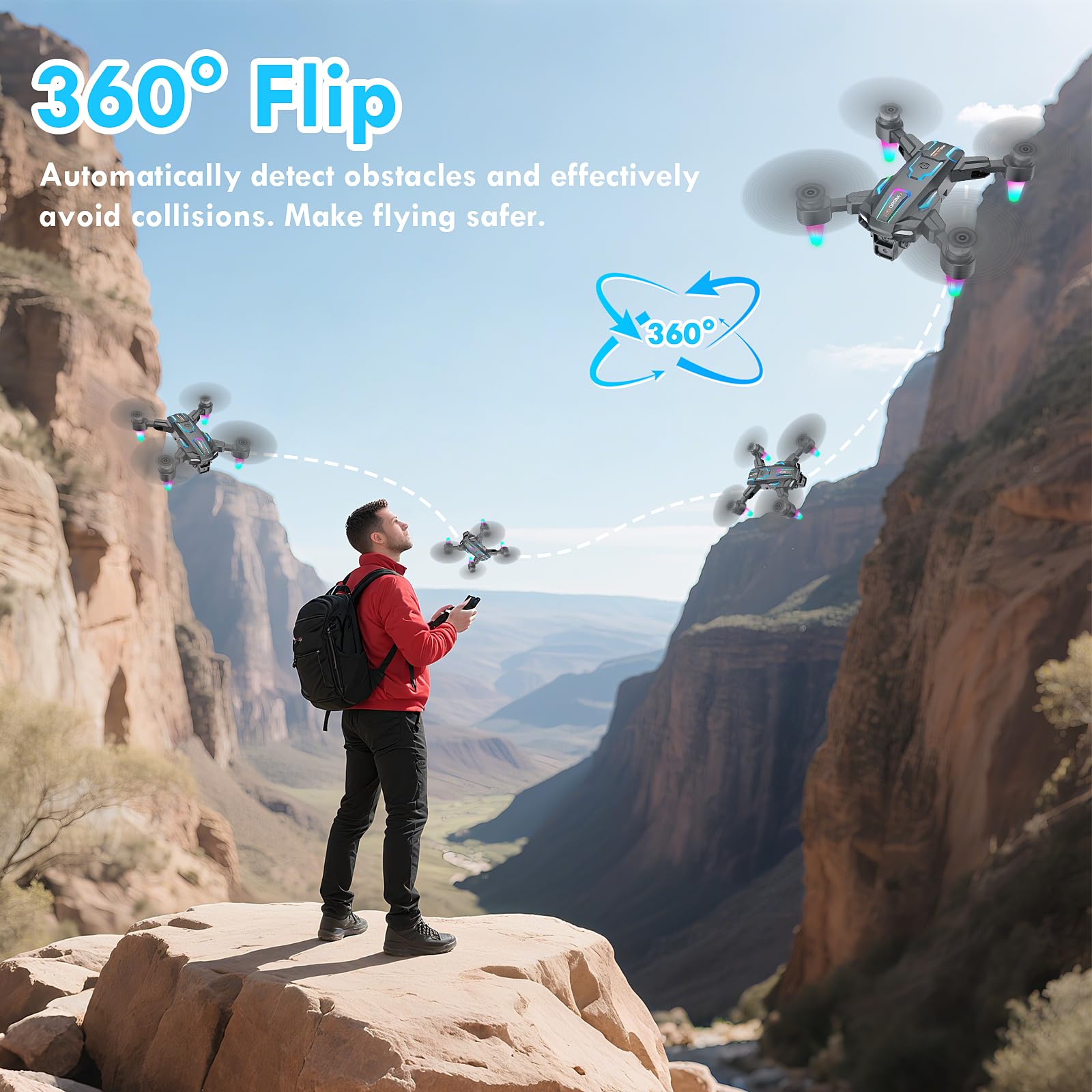 Drone con Telecamera 8K, 360°Flip, Wi-Fi, Motore Brushless, Modalità Senza Testa, Decollo/Atterraggio con un Solo Tasto, Volo in Traiettoria, Regali e Giocattoli per Principianti, 2 Batterie (Nero)