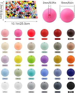 FIVEIZERO 150PCS 30 Colors 15mm Round Silicone Beads | 5 Each Color, Odorless, Seamless, Even Holes, Colorfast, Pre-drilled, For Keychains, Beaded Pens, Earrings, Phone Charms
