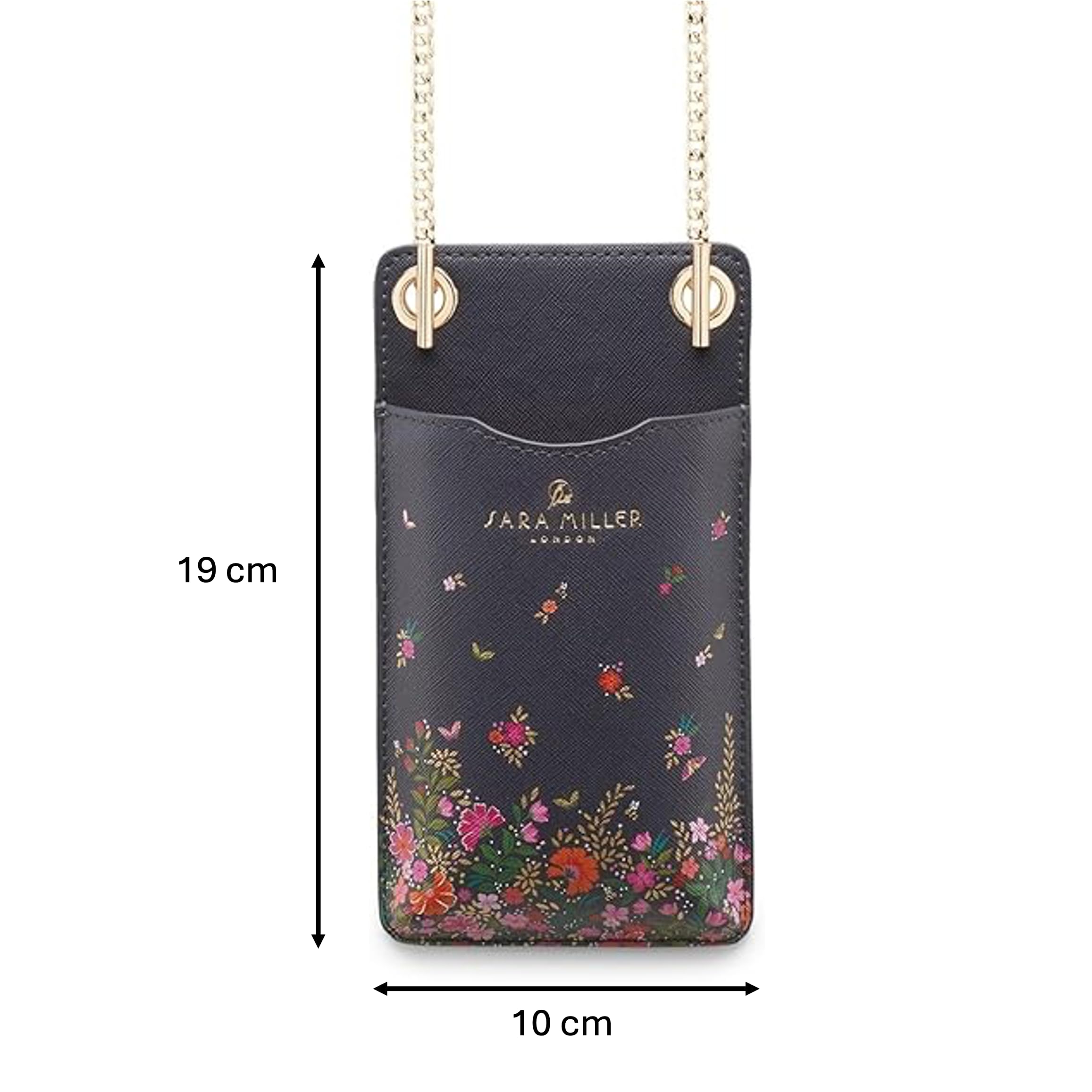 Sara Miller London Borsa a tracolla per telefono, portafoglio con porta carte, borsa da viaggio da donna con cinturino a catena, Distsy Floreale Blu Navy, 2 x 10 x 19 cm