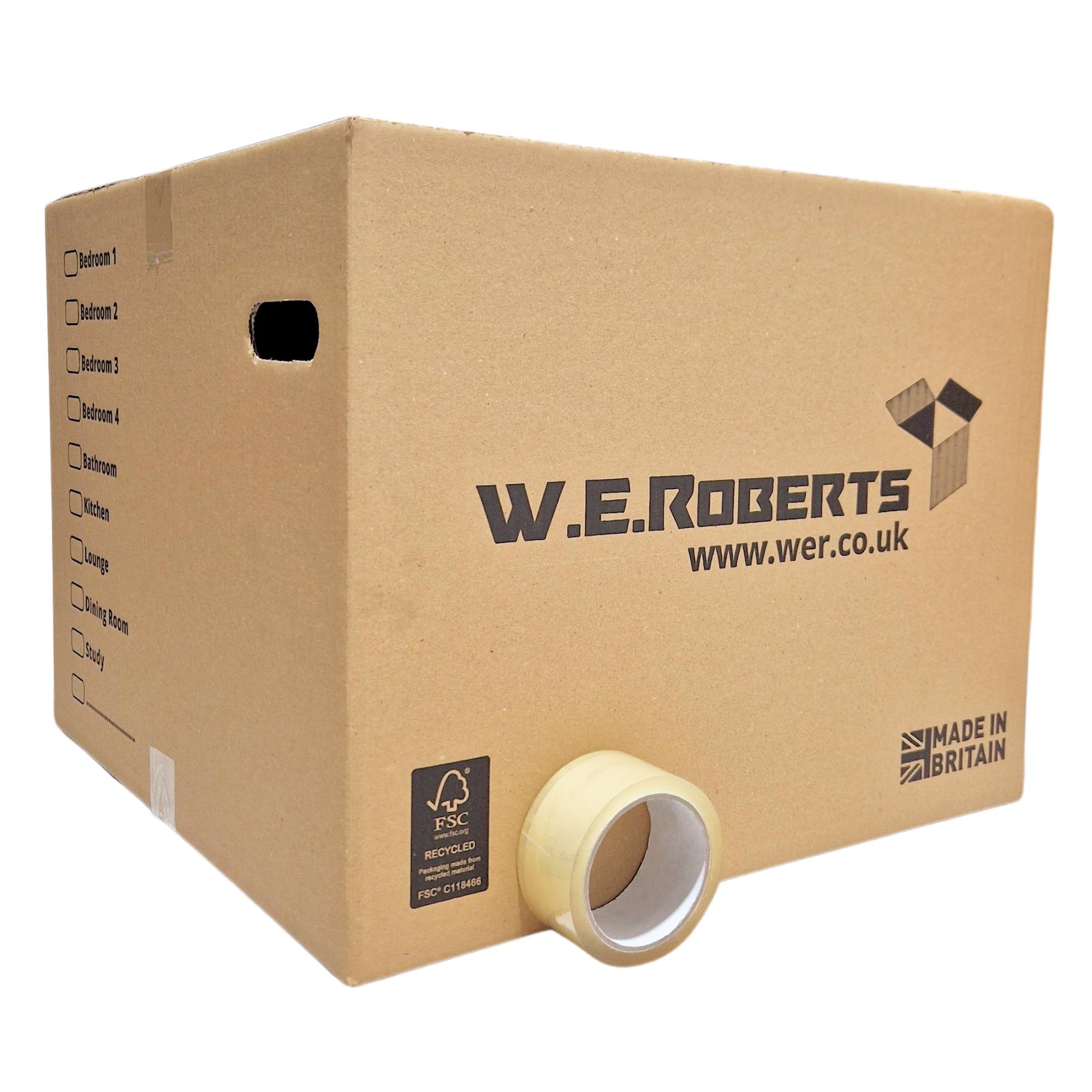 W.e. Roberts Brown 15 Strong Extra Large Cardboard Moving Boxes. Packing Boxes For Moving House With Printed Room List And Carry Handles 52Cm X 52Cm X 40Cm Cardboard Boxes And 66 Metres Clear Low Noise Tape