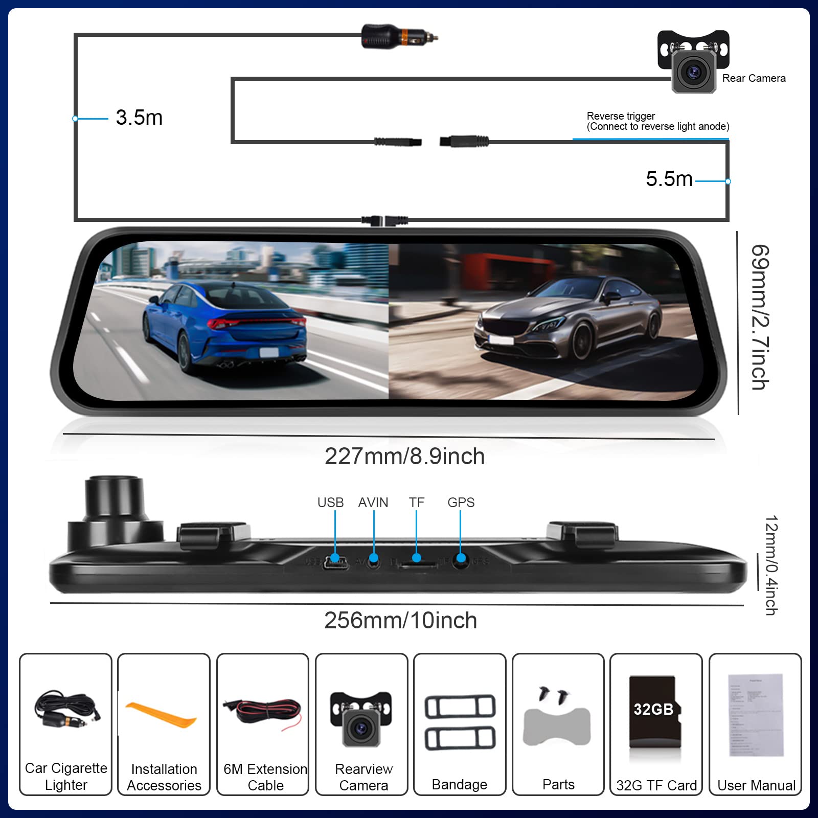 9,66-calowa kamera samochodowa 1080P Ekran dotykowy Dash CAM Samochodowe lusterko wsteczne z noktowizorem, nagrywaniem w pętli, czujnikiem G, HDR, wykrywaniem ruchu, monitorem parkowania, kartą TF 32G
