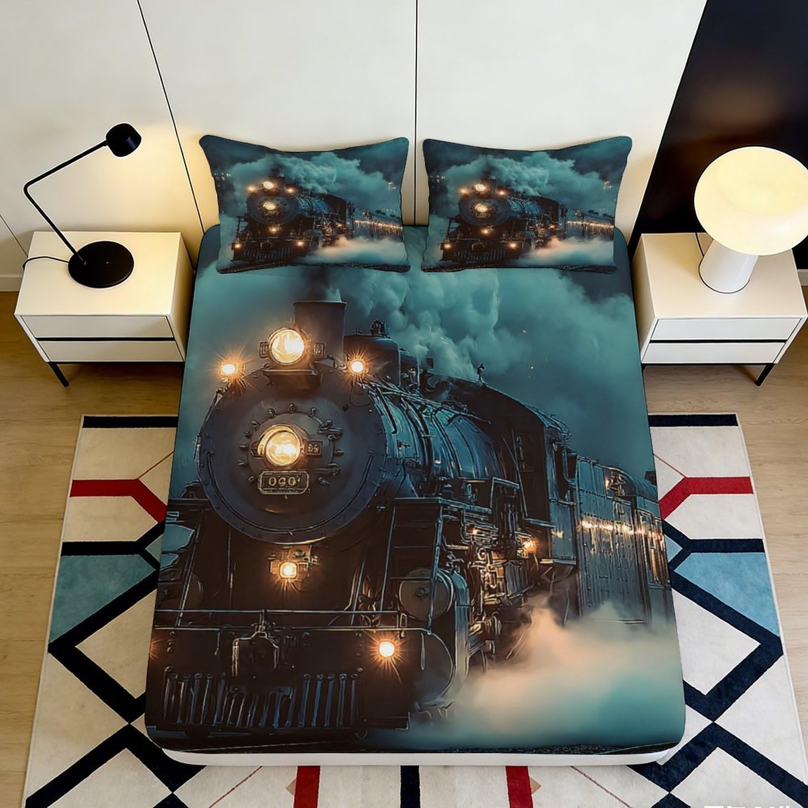 3D Printed Steam Train Fitted Sheet Microfiber Soft Breathable Night Railway Bed Cover for Bedroom Dorm Decor 90x200x25cm