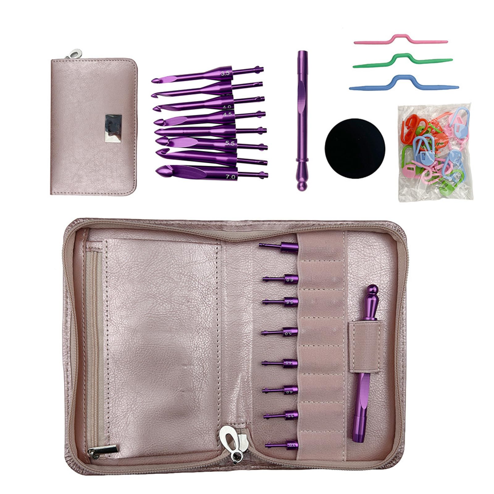 Aluminum Crochet Hook with 8 Interchangeable Tip Knitting Marker Knitting Needle Ergonomic Needle 3.0mm-7.0mm Aluminum Detachable Hook Set
