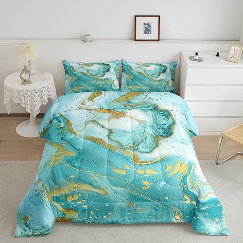 Manfei Juego de edredón de mármol turquesa, tamaño matrimonial, juego de ropa de cama de 3 piezas para niños y niñas, decoración de habitación de