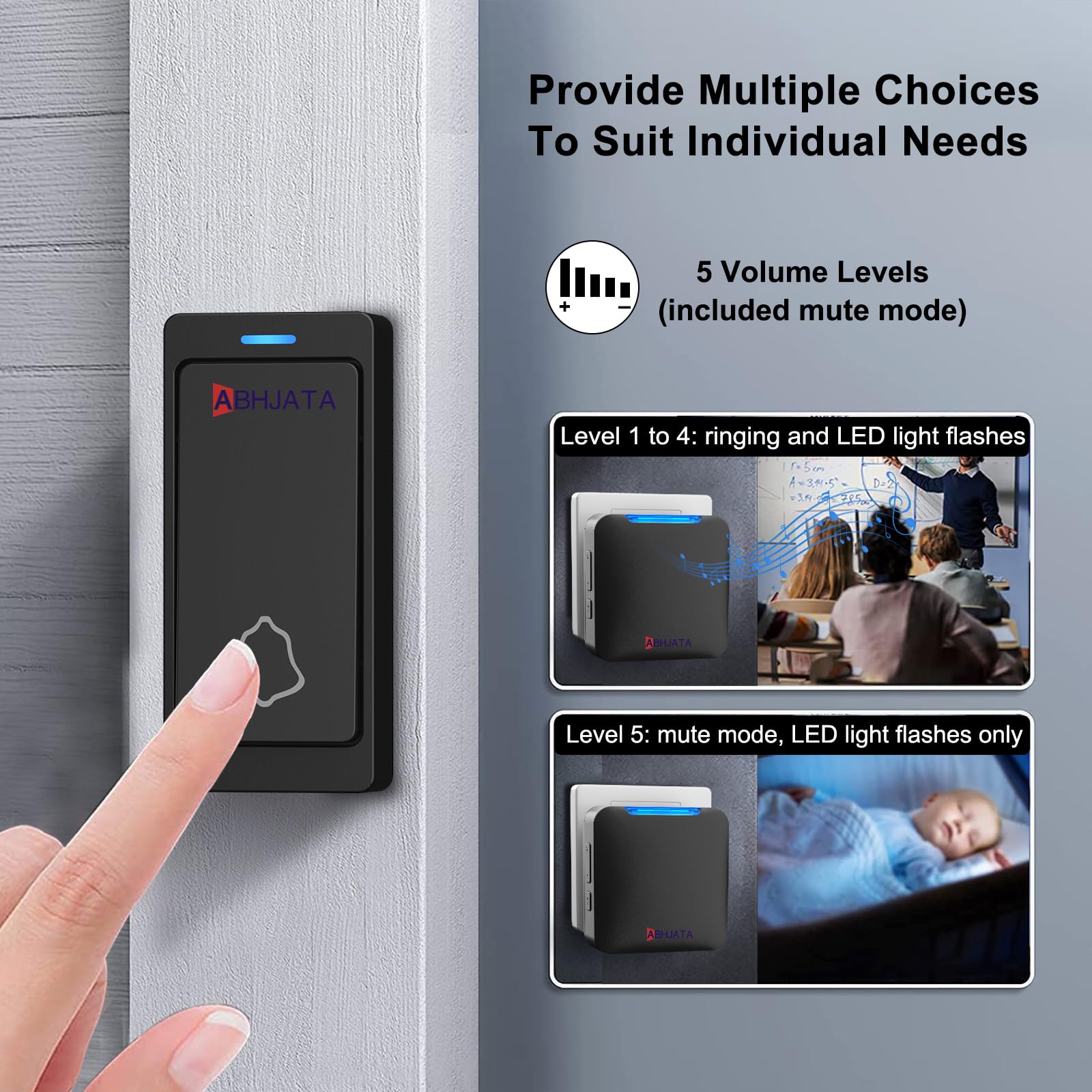 ABHJATA Door Bell, 1000ft/300m Long Range Wireless Doorbell for Home, IP55 Waterproof Push Button, 2 Push Buttons & 1 Plug-in Receiver (Indian Plug), 32 Chimes, 5-Level Volume, LED Indicator, Black 4