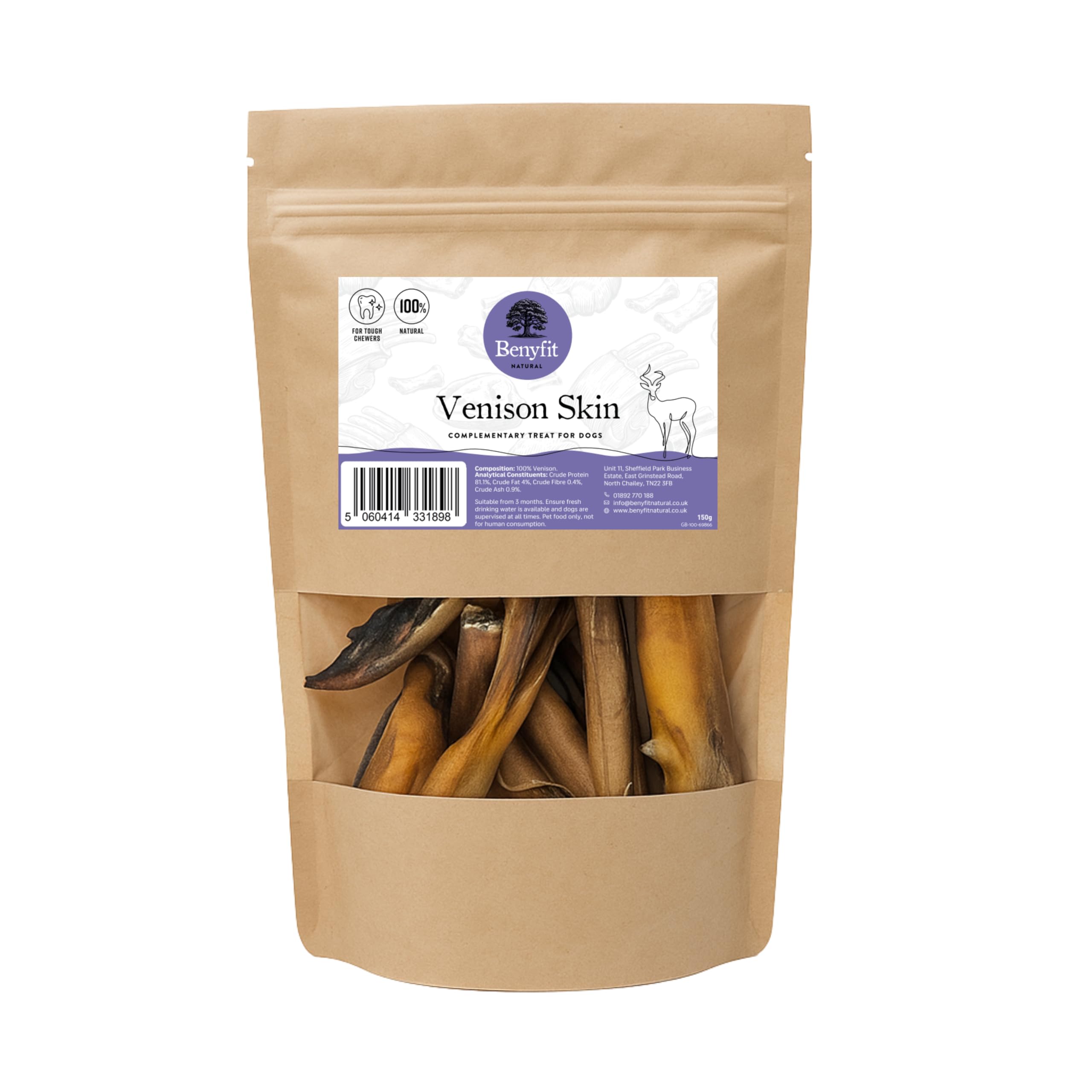 Benyfit Natural Venison Skin Dog Chew, Natural Air-Dried Dog Treats, Hypoallergenic Long Lasting for Tough Chewers, Raw Dog Treats, 150g