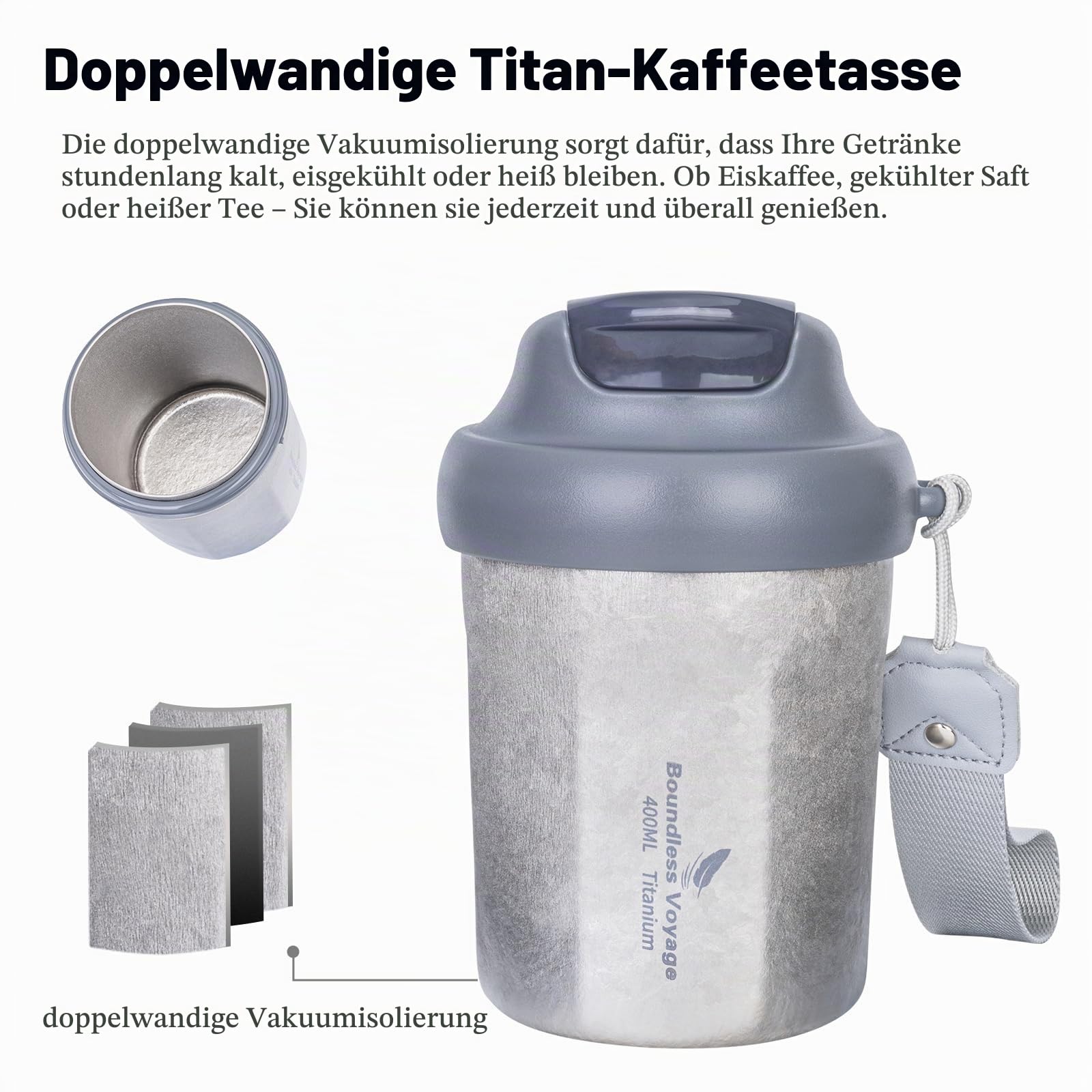 iBasingo 400ml Titan Vakuumbecher Isolierter Kaffeebecher Reise Becher mit Schiebe Deckel Doppelte Wand Thermos Cup Auto Kaffee Tumbler für die Aufbewahrung von Heiß/Eis Wasser Tee Bier Ti3236D