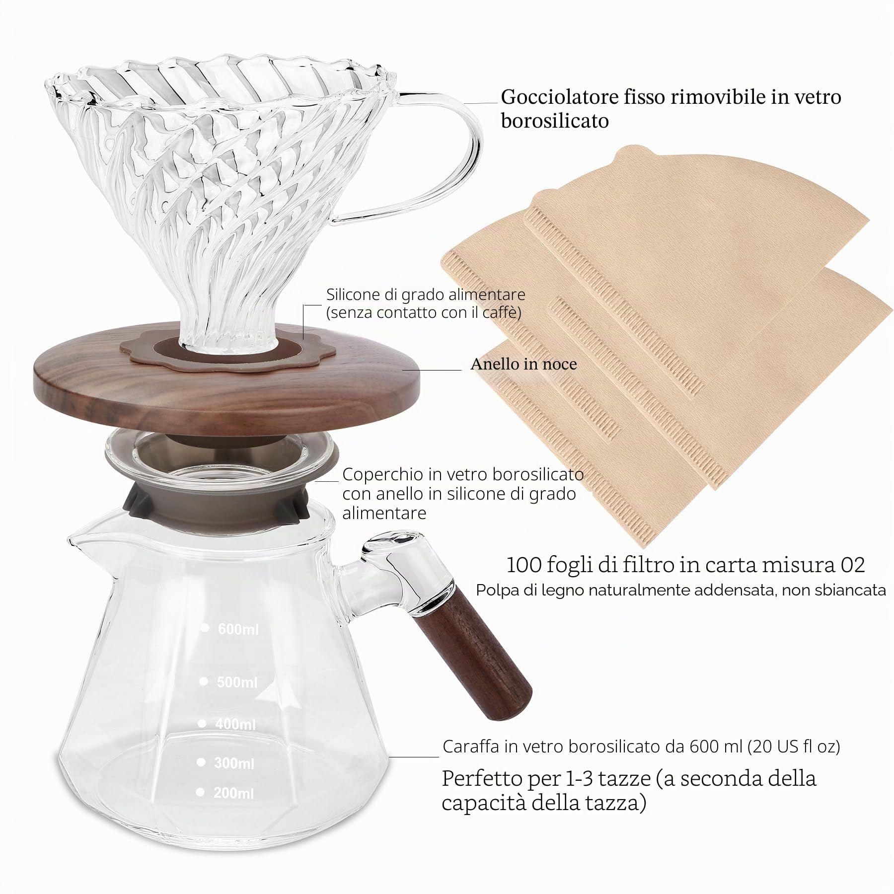 Lalord Caffettiera Pour Over in Vetro Borosilicato da 600 ml, con Filtro di Carta 02 da 100 Pezzi, Collare in Noce e Coperchio in Vetro, Caffettiera a Goccia, 1-3 Tazze, Trasparente