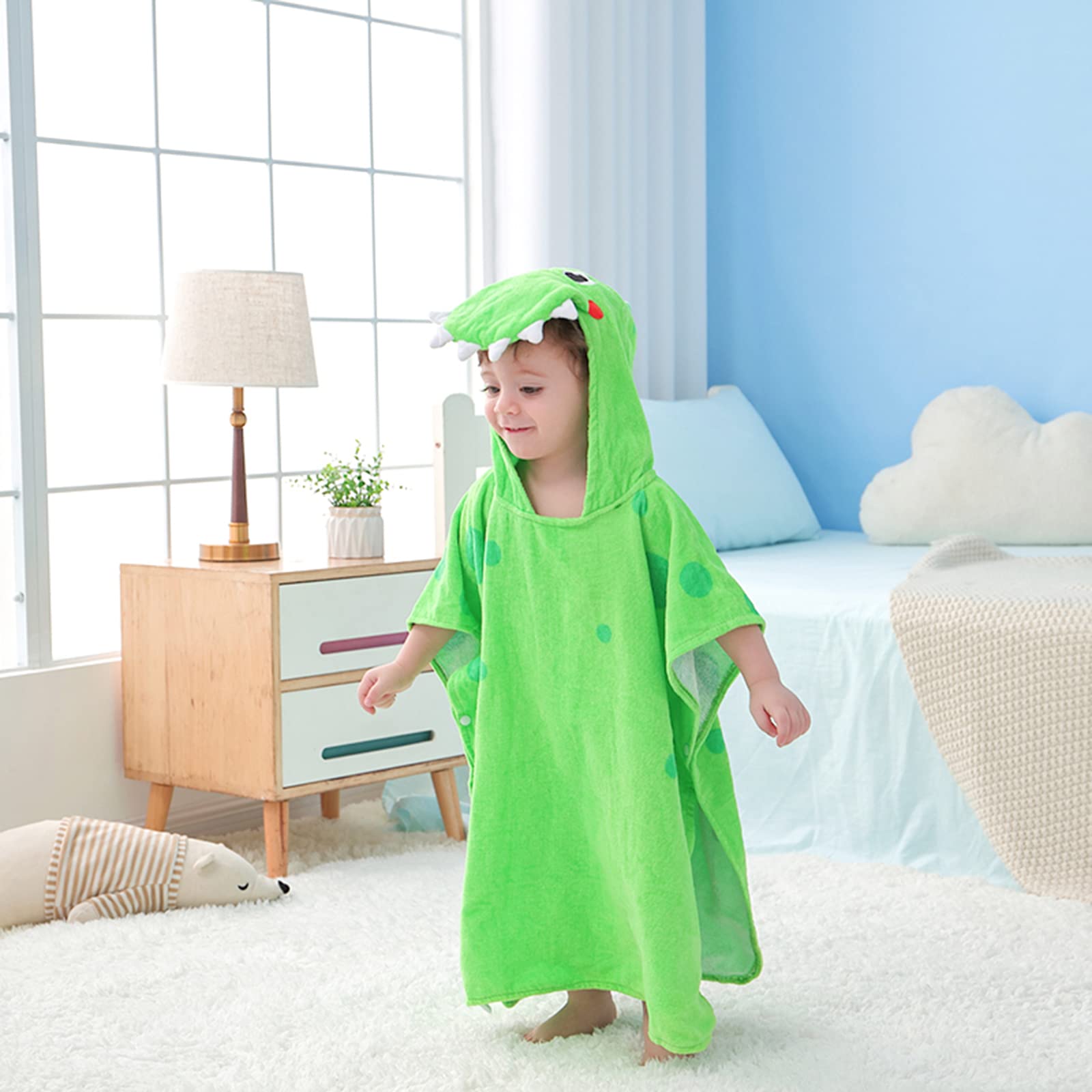 LOLANTA Asciugamano da bagno con cappuccio a poncho con dinosauro per bambini, 100% cotone (2-4 anni, verde C)