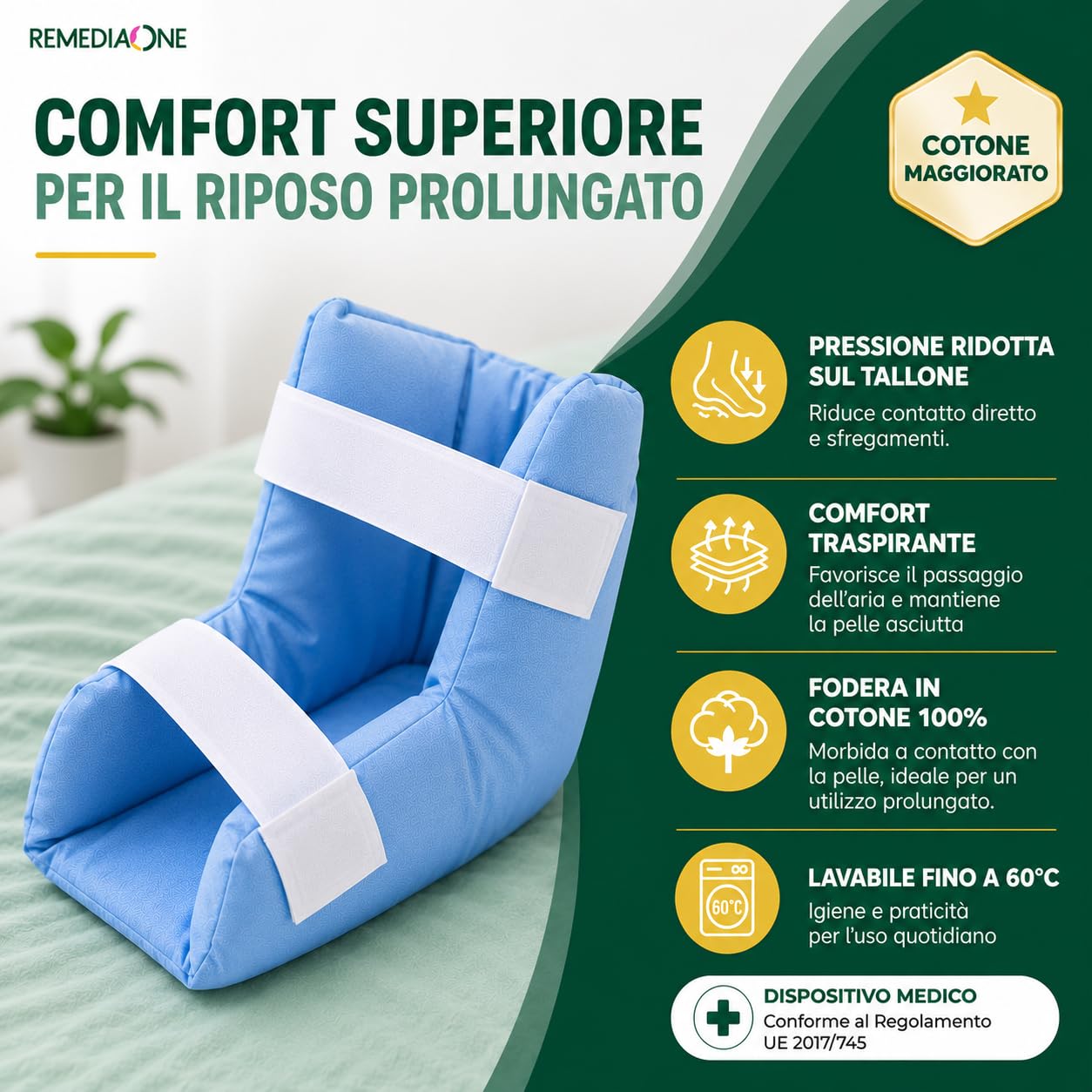 Talloniera Antidecubito in Fibra Cava Siliconata per Anziani e Allettati, Talloniera con Fodera in Cotone 100% e Velcro, 25×25×8cm, 1Pz