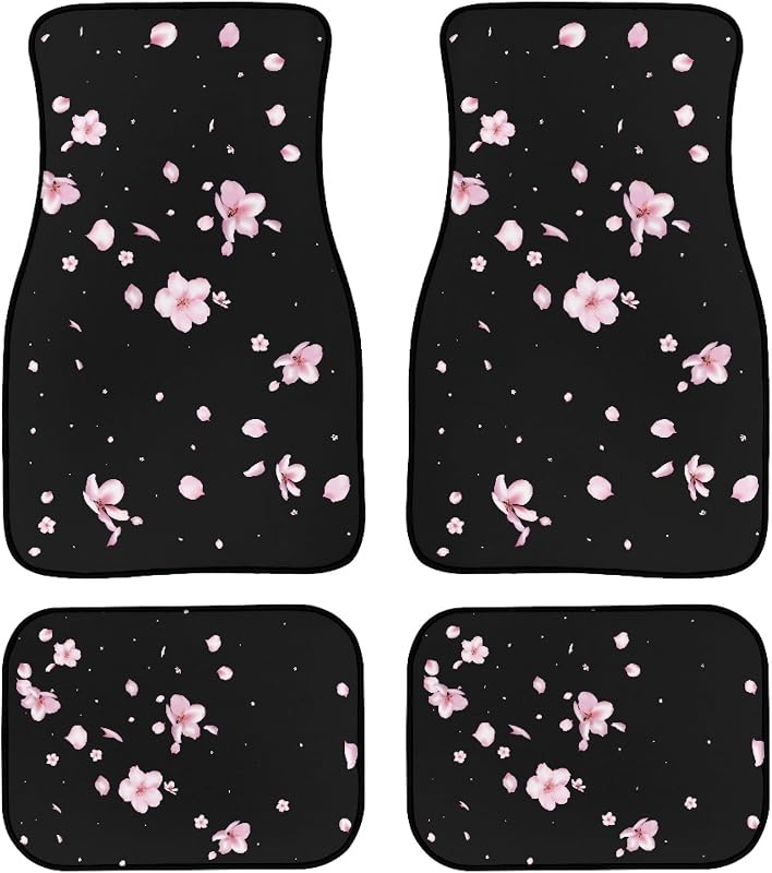 Kit de Tapetes Automotivos com Estampa de Flores de Cerejeira Rosa e Preta, Poliéster com Base de Borracha, 4 Peças