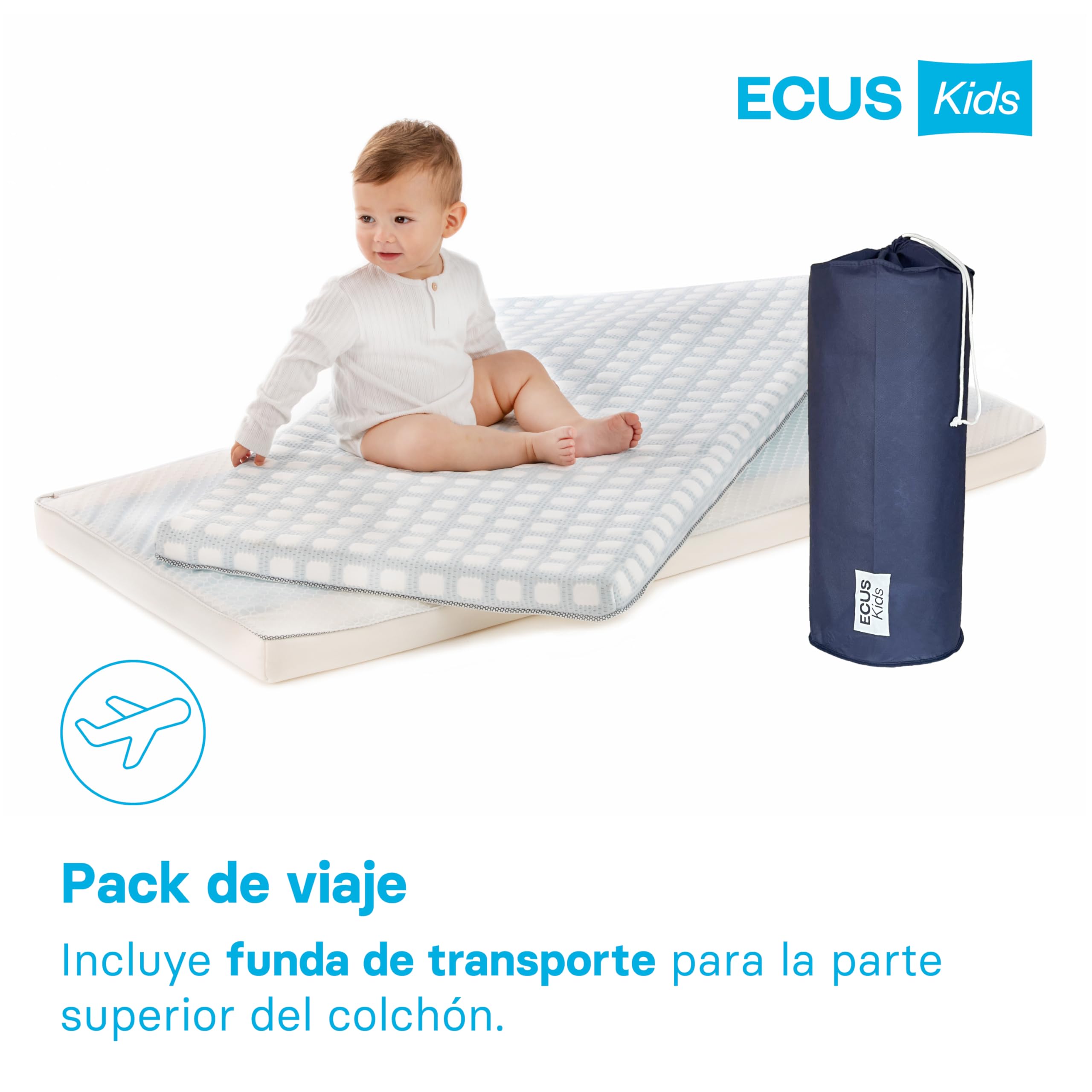 ECUS Kids Colchón Cuna 70x140 cm Care Ultimate, Antiplagiocefalia, Tejido Xtra-Cool, Topper Extraíble, Hipoalergénico, Altura 12 cm