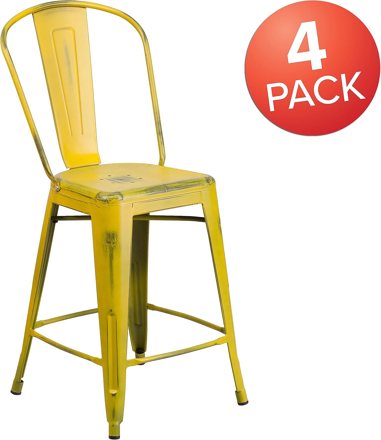 Flash Furniture Blake Commercial Grade 4 Pack 24" High Distressed Yellow Metal Indoor-Outdoor Counter Height Stool with Back
