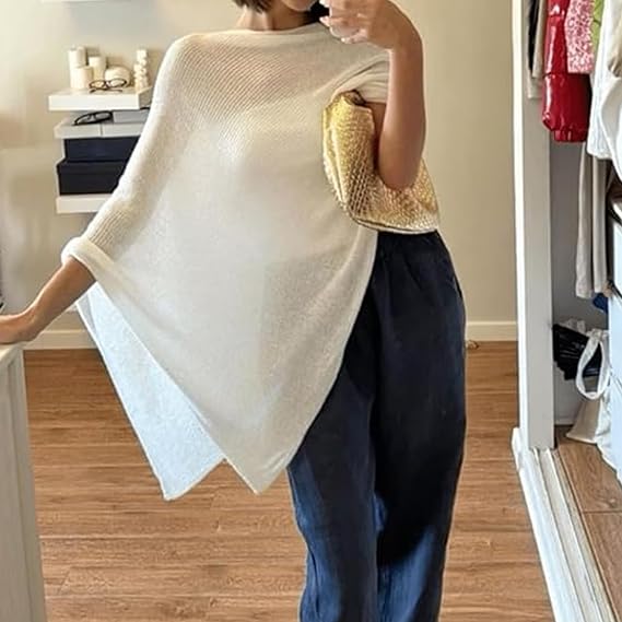 Y2K Sheer Knit Poncho Tops for Women Lightweight Summer Beach Shrug Shawl Bolero Off Shoulder Mesh Sweater Cover Up