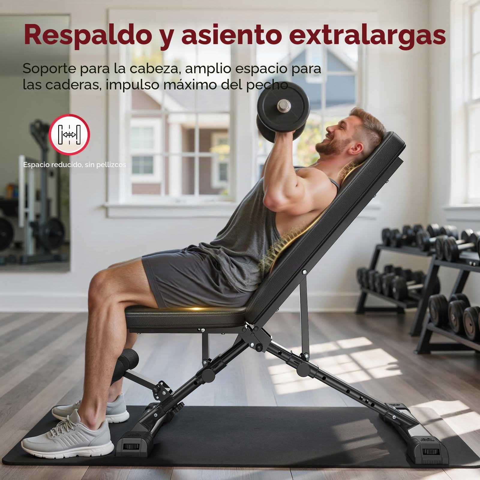 FLYBIRD Banco de pesas regulable,profesional, sistema de regulación rápida,fácil de plegar y guardar,respaldo extendido adecuado para press de banca, montado al 90%