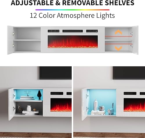Miniatura 4 de AMERLIFE Soporte de TV flotante con chimenea eléctrica de 36 pulgadas, acabado brillante, centro de entretenimiento con chimenea con almacenamiento