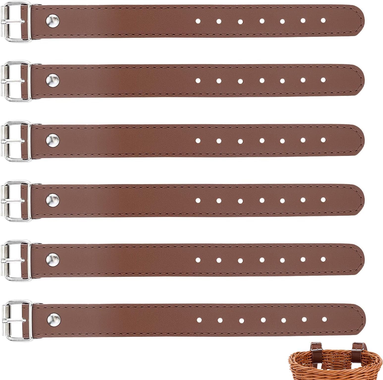 Aiyraa 6 PCS Bike Basket Leather Strap Set - Short Wicker Basket Straps for Kids Bicycle, Picnic Hamper Basket, Small Leather Straps with Buckles, Fixing Rack Strap for Scoote Basket