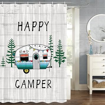 Rustic Wood Camper Shower Curtain for Travel Trailers, RV, Small Size Camping - Green, 36x72 Inch Set With Hooks