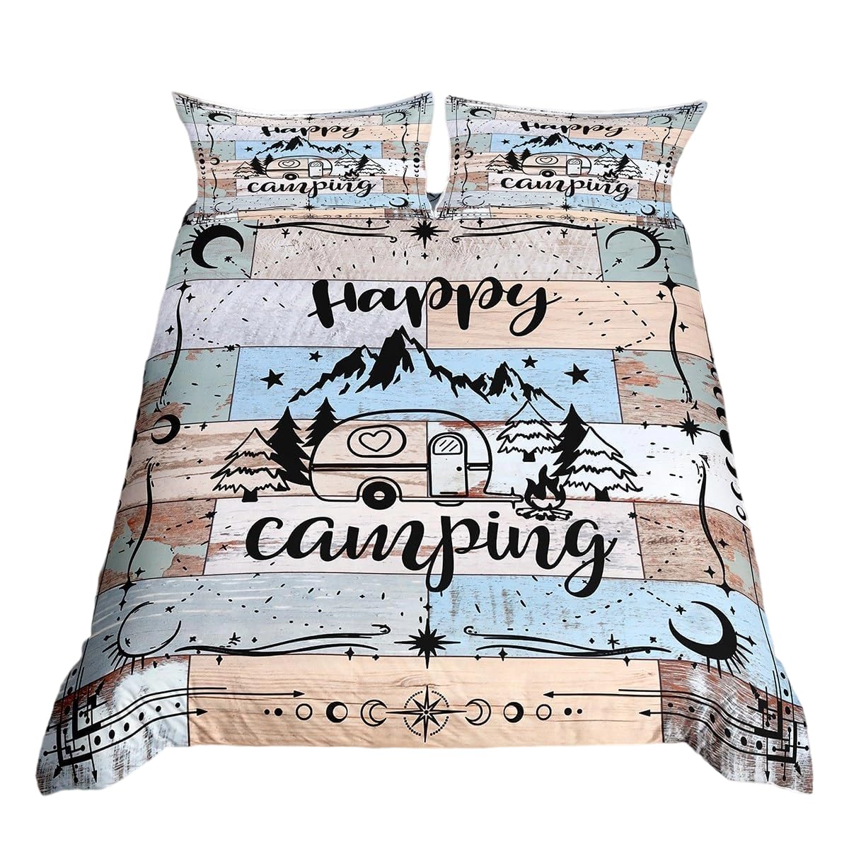 Housse de couette motif porte de grange en bois parure de lit imprimée bleu et gris neutre