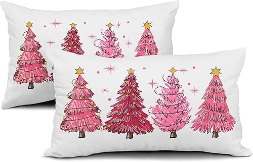 Miniatura 2 de Juego de 2 fundas de almohada lumbares de árbol de Navidad rosa de 12 x 20 pulgadas, con estrellas y luces de árbol de Navidad, fundas de almohada