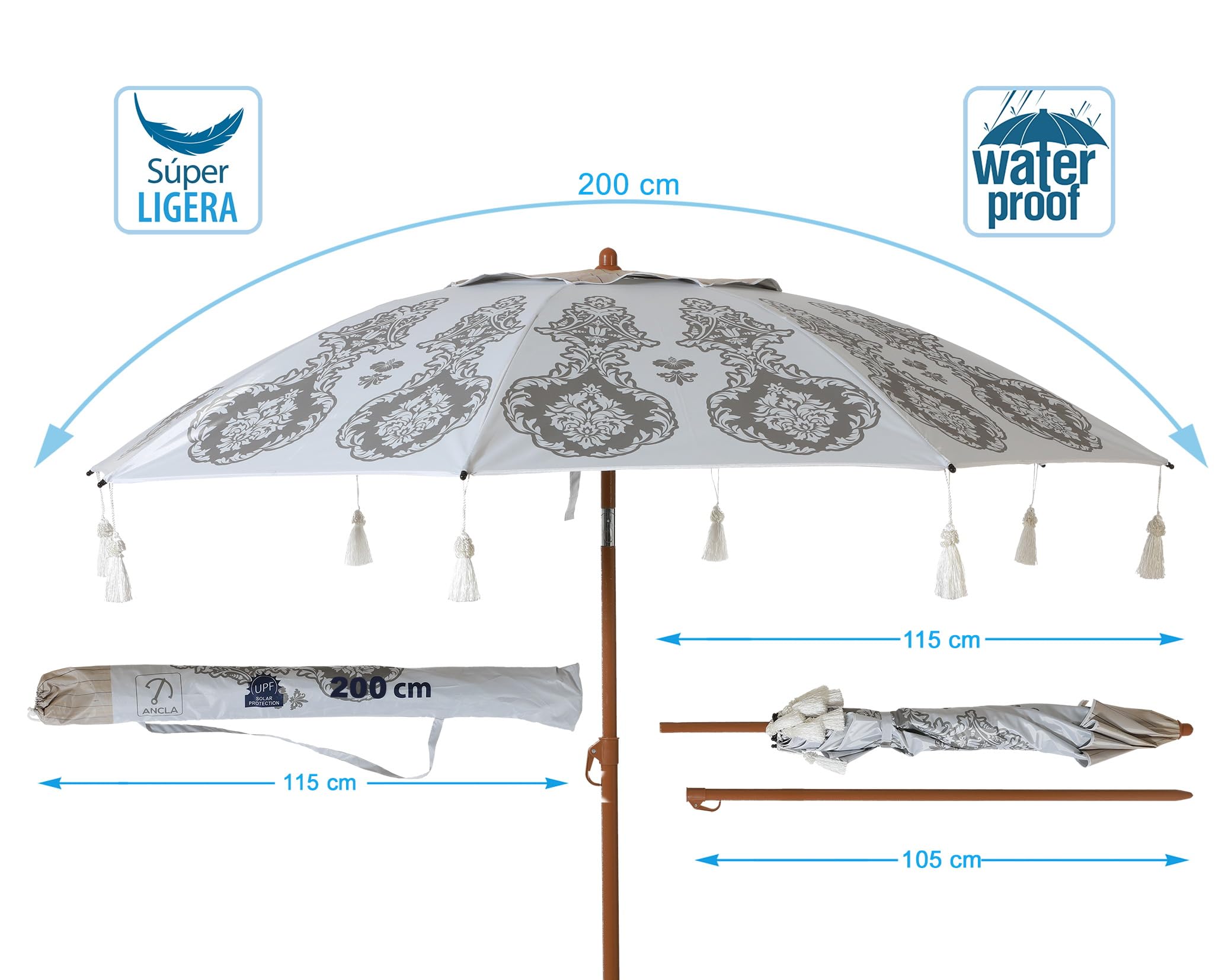 Atosa Strandschirm, Ø 180 bis 240 cm, aus Aluminium, Mandala-Design, LSF 50+, in den Farben Grau oder Weiß, weiß, 200 cm, Einfach und funktionell