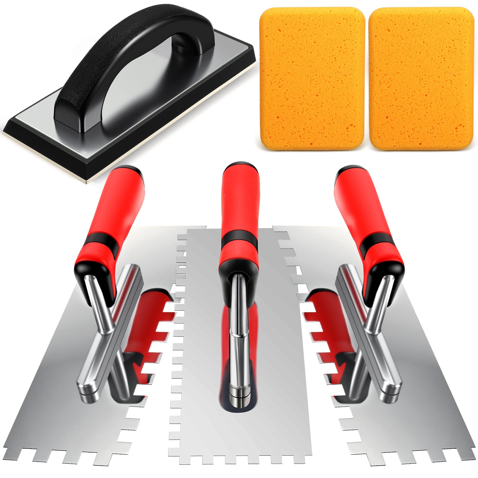 Leinuosen 6 Pcs Tile Tools Set, Tile Trowel Concrete Tool Steel Square Notch Trowel Set Plus Rubber Grout Float and Grout Float Sponge for Tiling