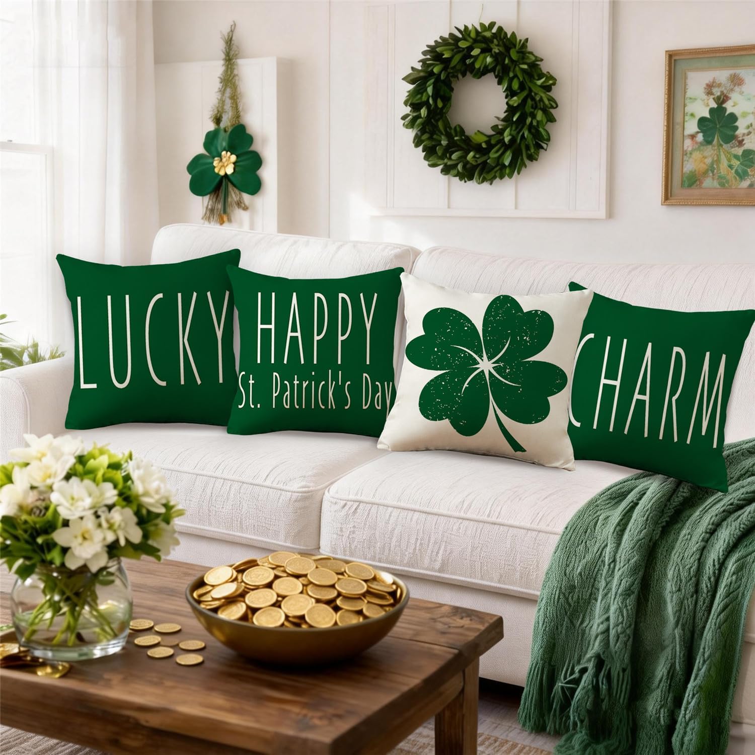 St Patricks Day Pillow Covers 18x18 Happy St Patricks Day Decorations Lucky Charm Clover Throw Pillow Covers Shamrock Cushion Case for Sofa Couch Set of 4 - Image 5