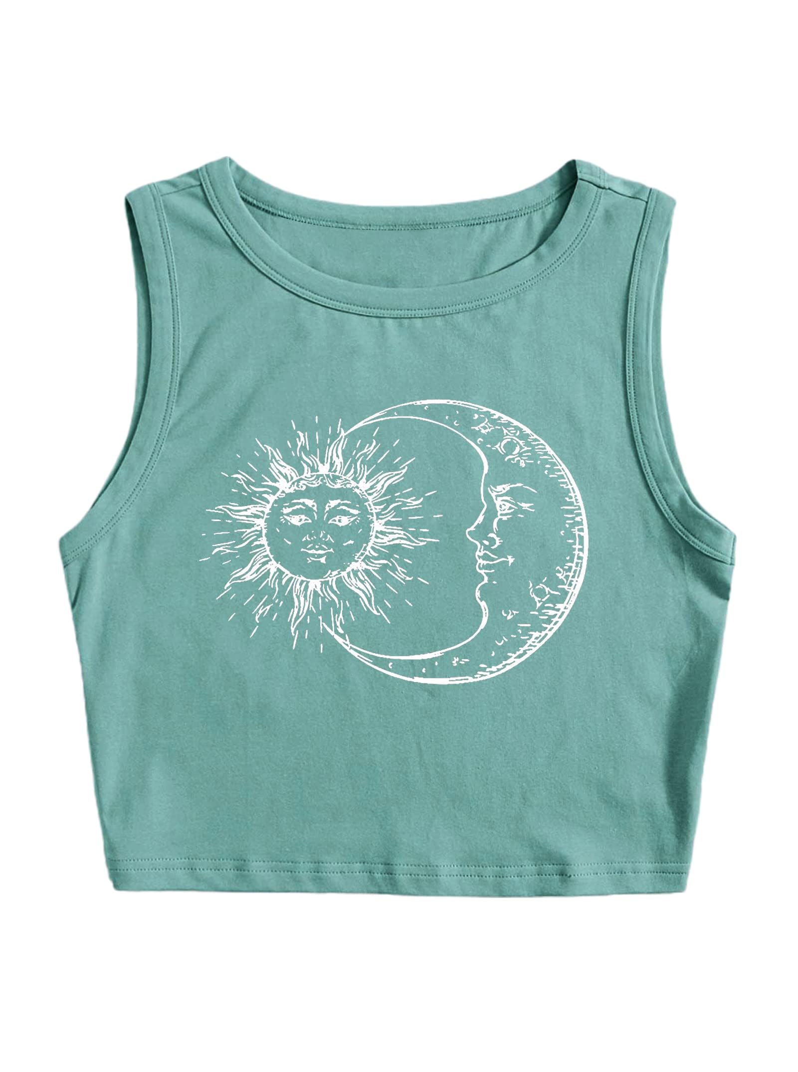 Remidoo Women's Casual Sleeveless Graphic Cropped Top Crewneck Tank Top Shirts