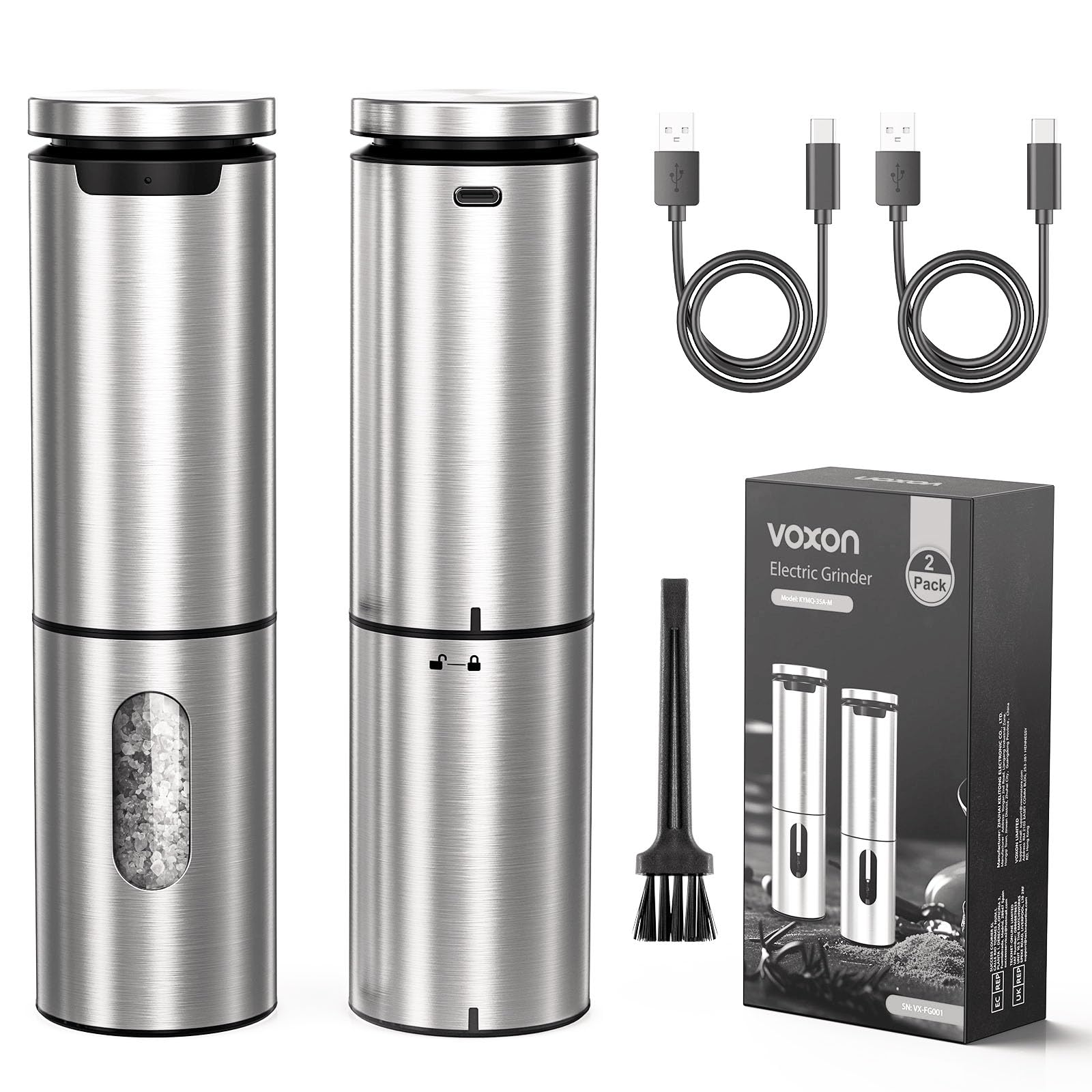 VOXON Salt and Pepper Shakers Set Electric(pack of 2), Food Grade Stainless Steel, One Handed Operation, LED Light, 5 Levels Adjustable Coarseness